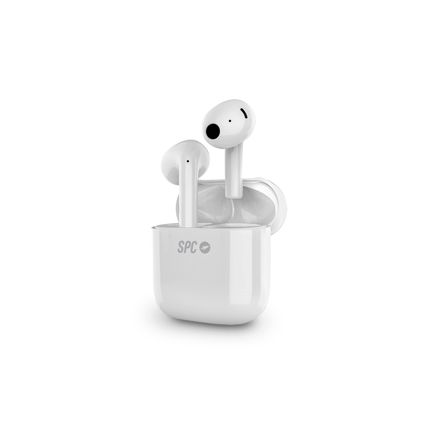Auricolari wireless bianchi con custodia di ricarica e logo SPC.