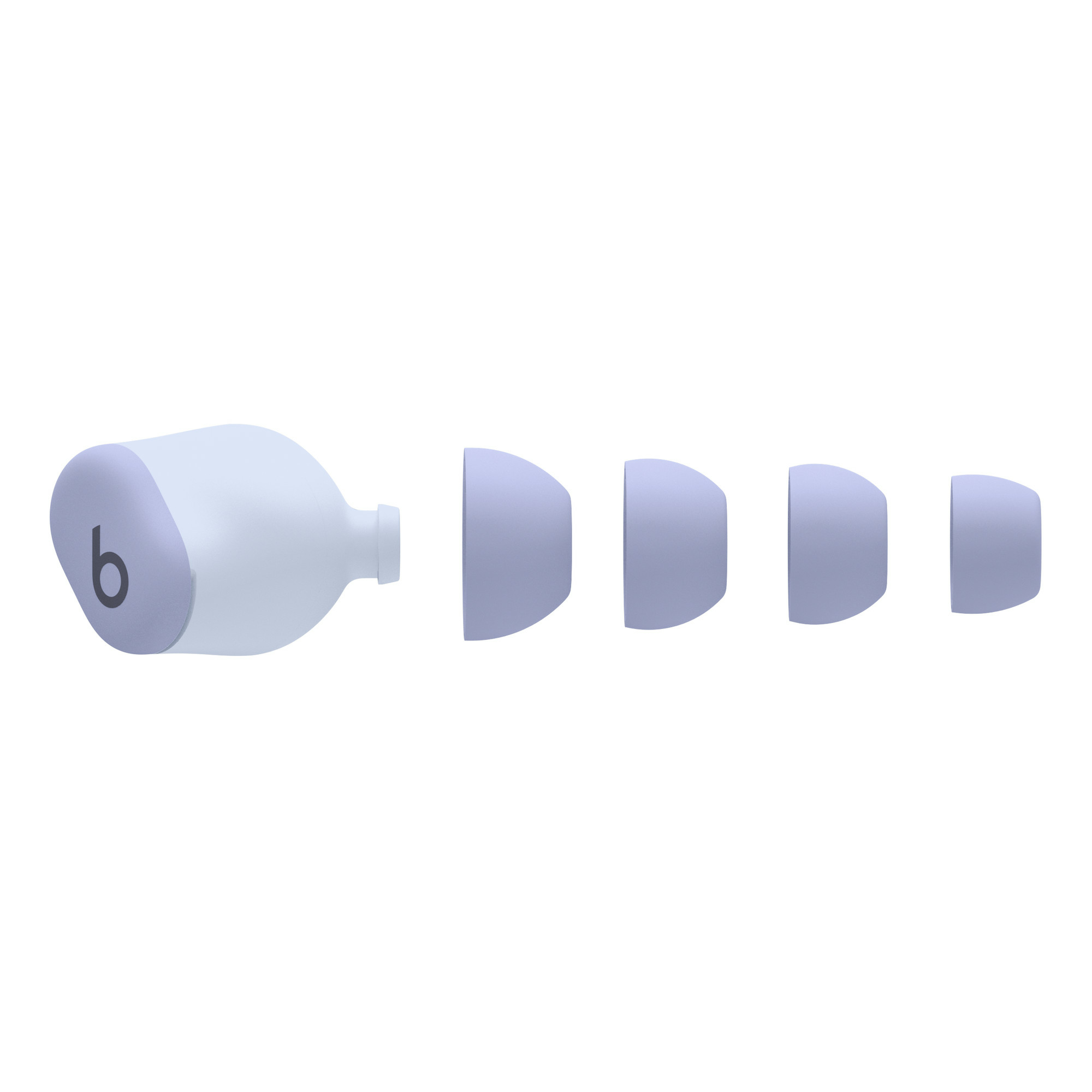 Une oreillette blanche avec des accents violets et le logo 'b'.