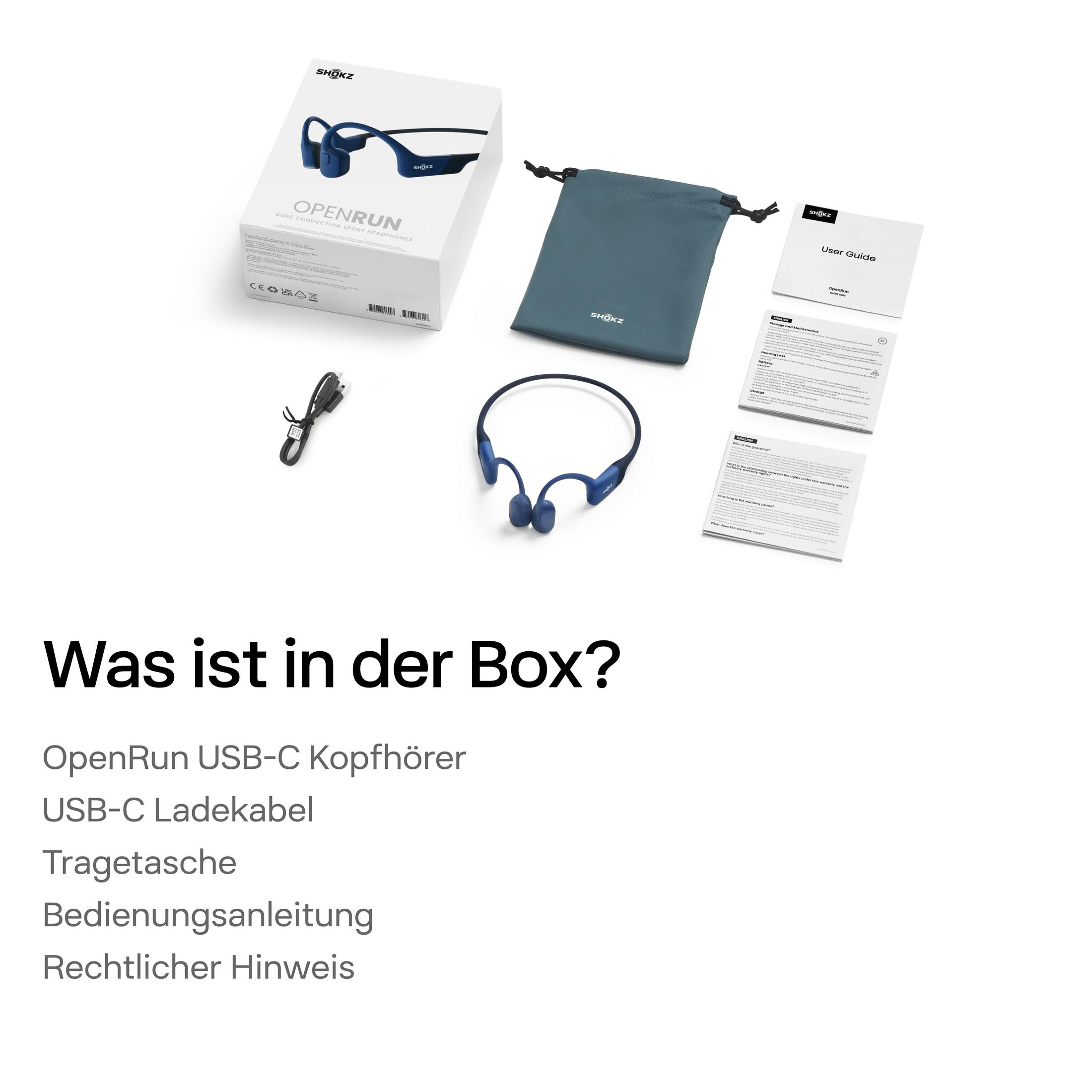 Słuchawki OpenRun, kabel ładujący, etui, instrukcja i gwarancja.