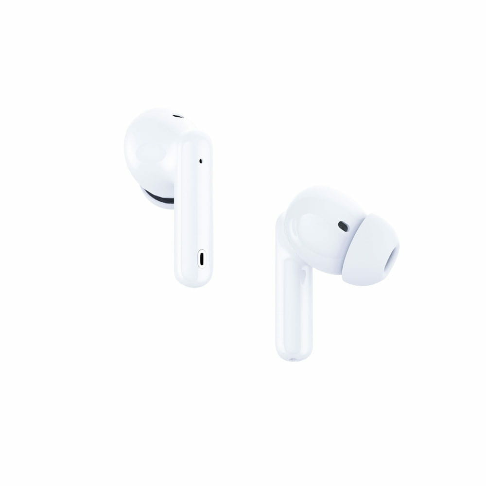 Dwa białe słuchawki bezprzewodowe na białym tle.