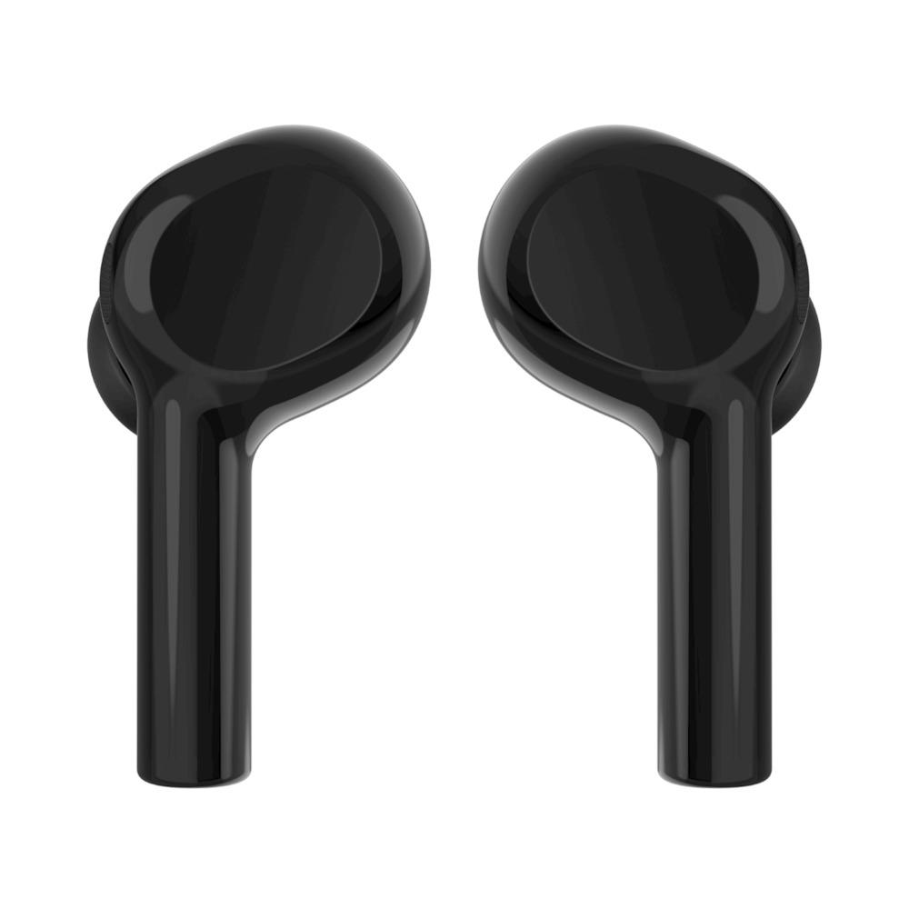 Dos auriculares inalámbricos negros brillantes sobre fondo blanco.