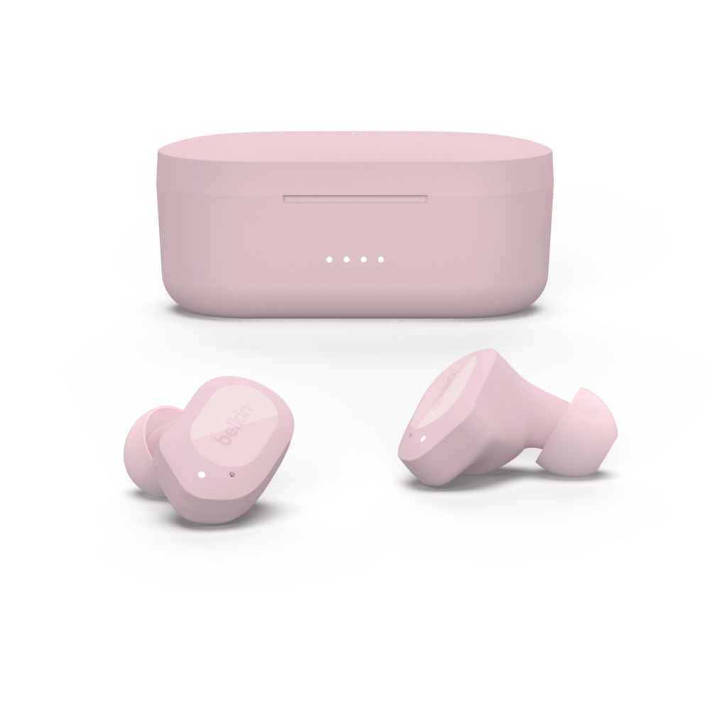 Dos auriculares inalámbricos rosas junto a su estuche de carga.