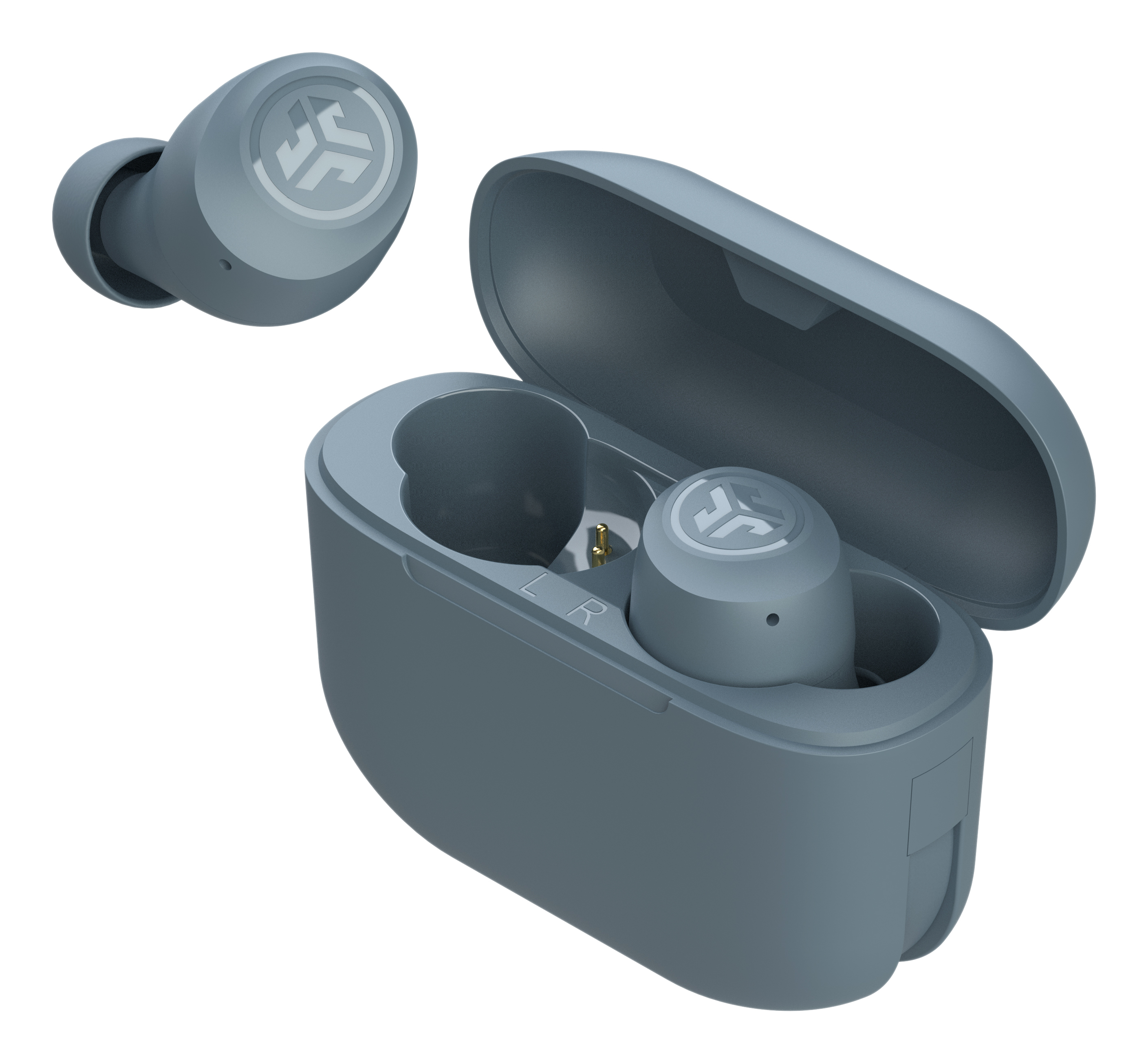 Szare słuchawki bezprzewodowe w otwartym etui ładującym.