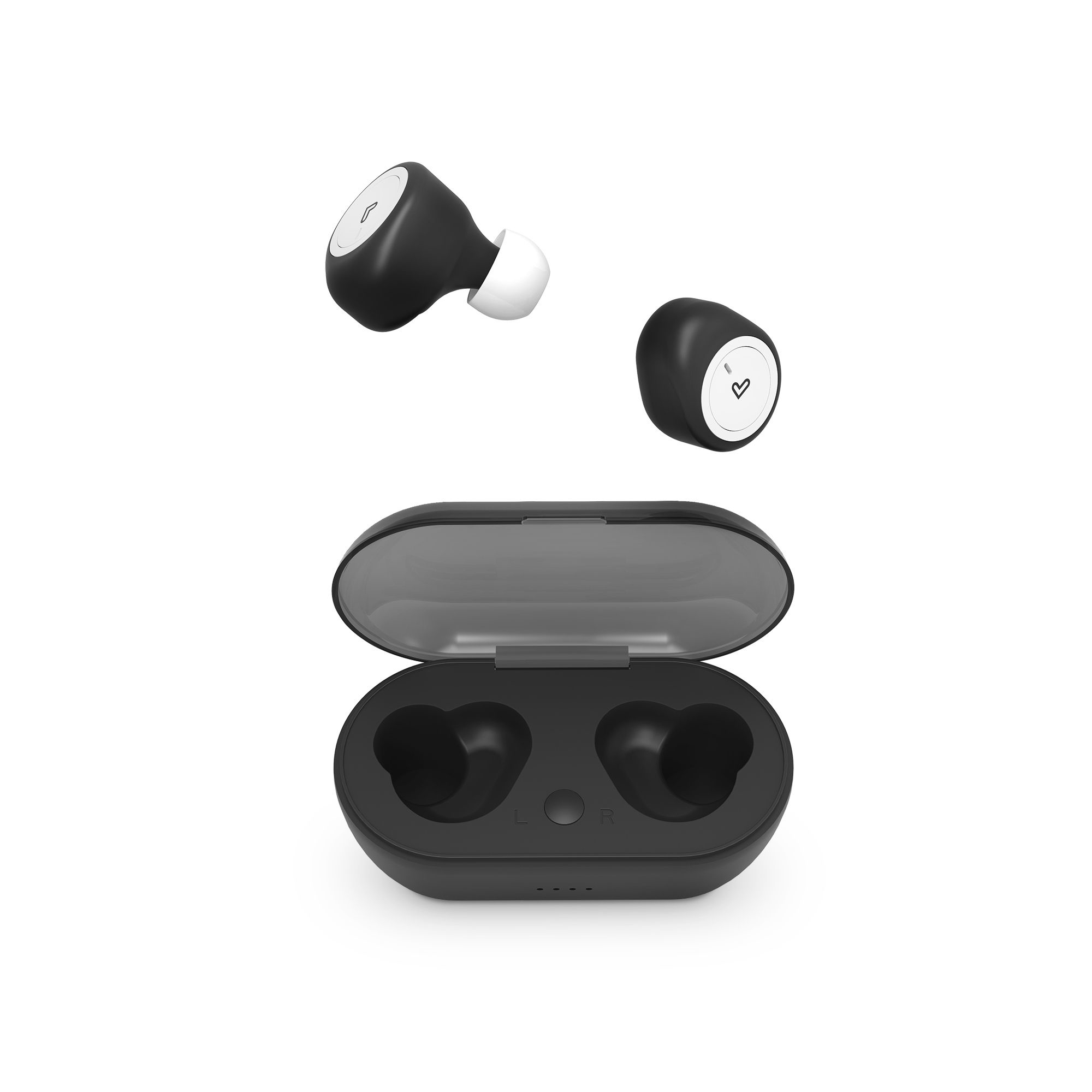 Auricolari wireless neri con custodia di ricarica. Mostrati due auricolari e una custodia aperta.