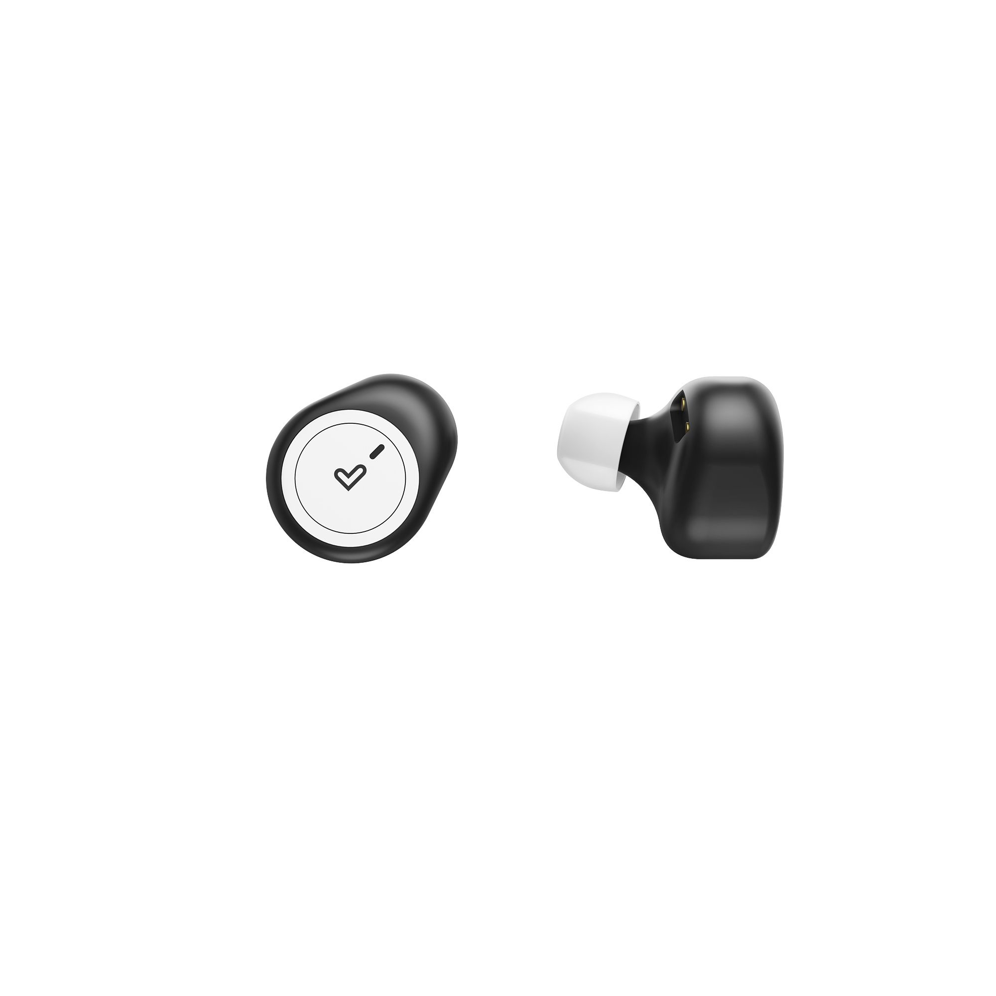 Due auricolari wireless neri, uno con simbolo cuore bianco su cerchio.