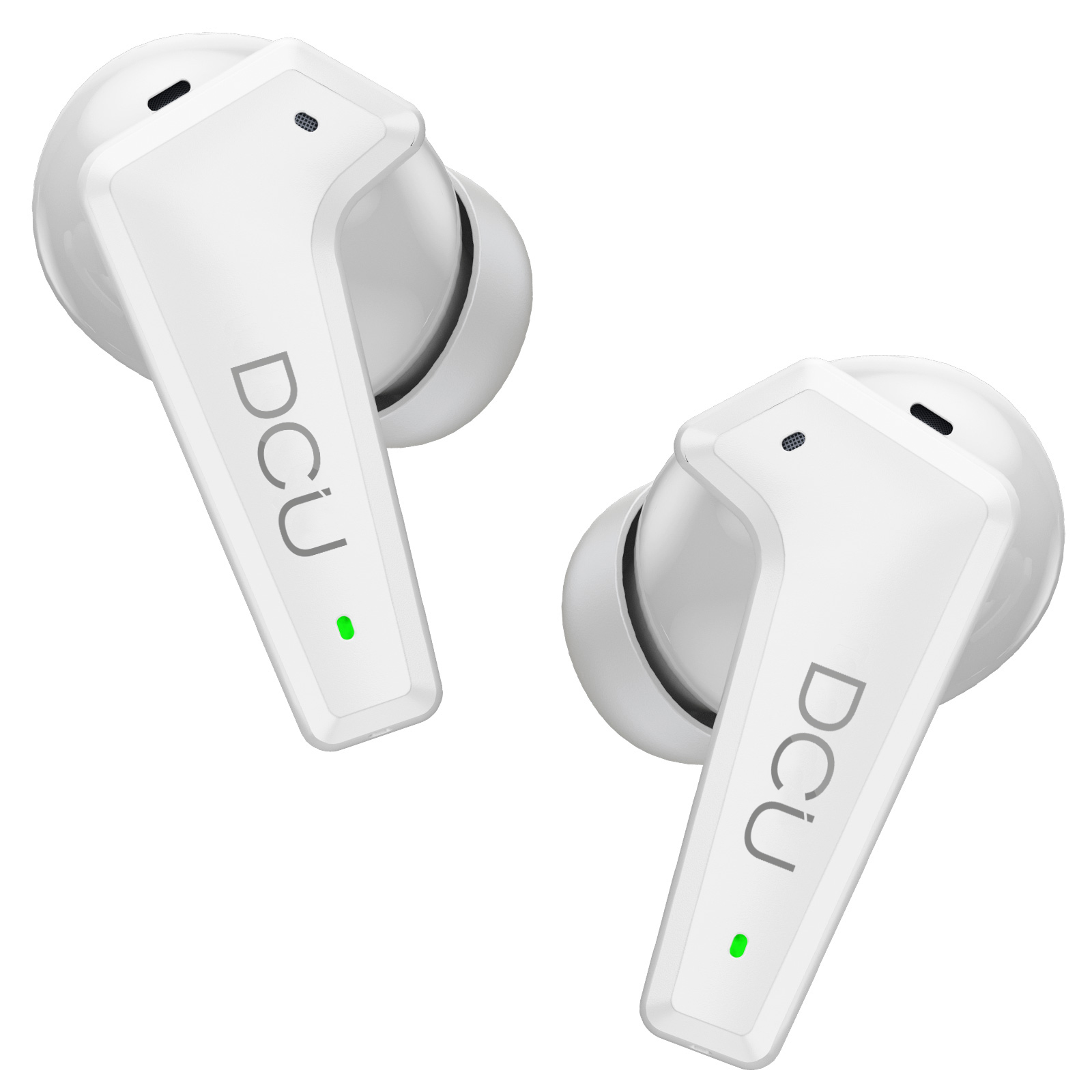 Due auricolari bianchi DCU con spia di carica verde su sfondo bianco.