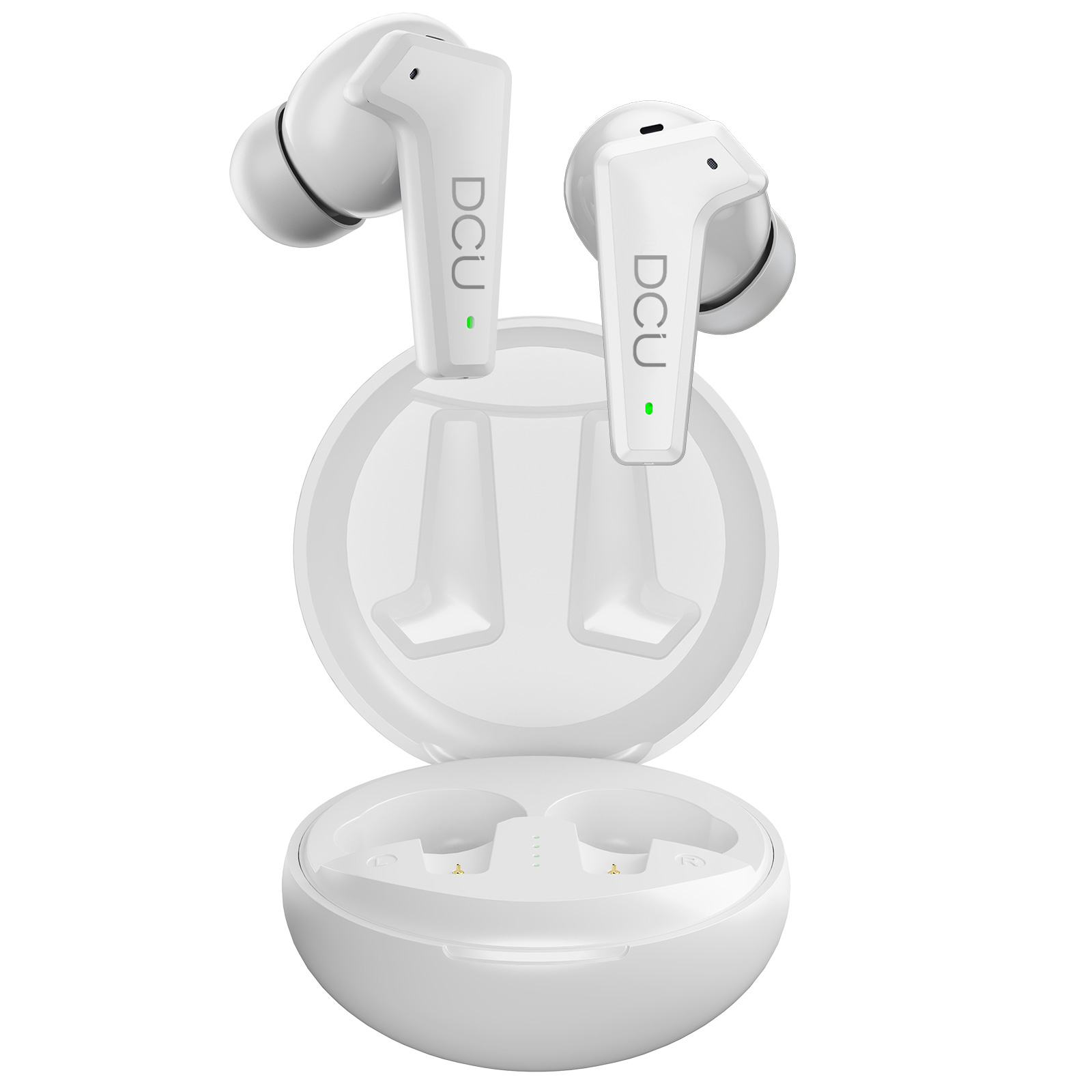 Due auricolari bianchi DCU con custodia di ricarica, su sfondo bianco.
