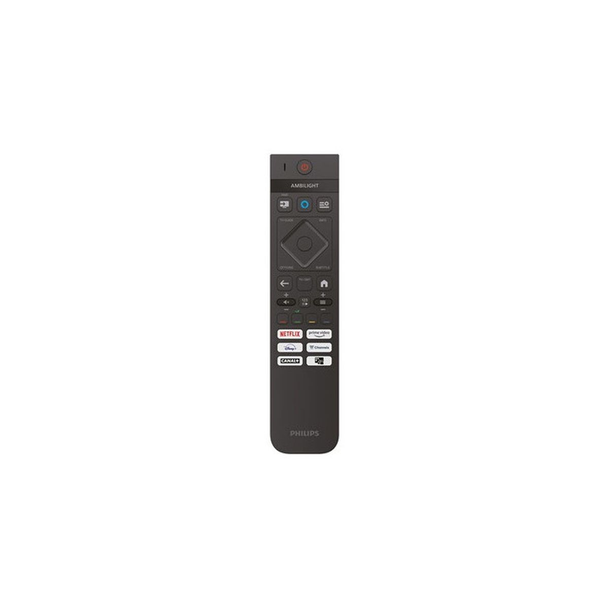 Czarny pilot Philips TV z logo Ambilight i przyciskami aplikacji.