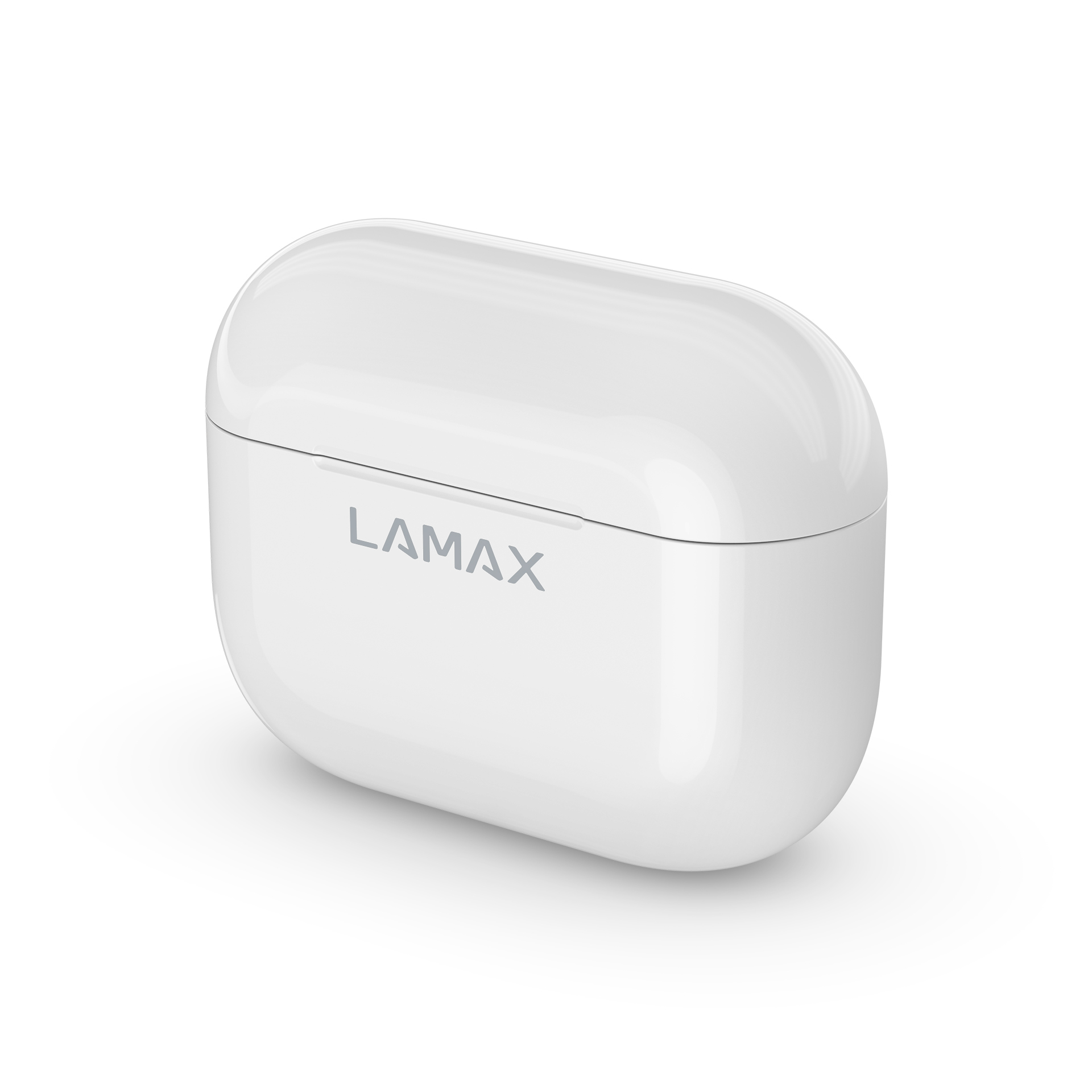 Ein weißes Ladecase für Ohrhörer mit dem Markennamen 'LAMAX' auf der Vorderseite, vor einem sauberen weißen Hintergrund.