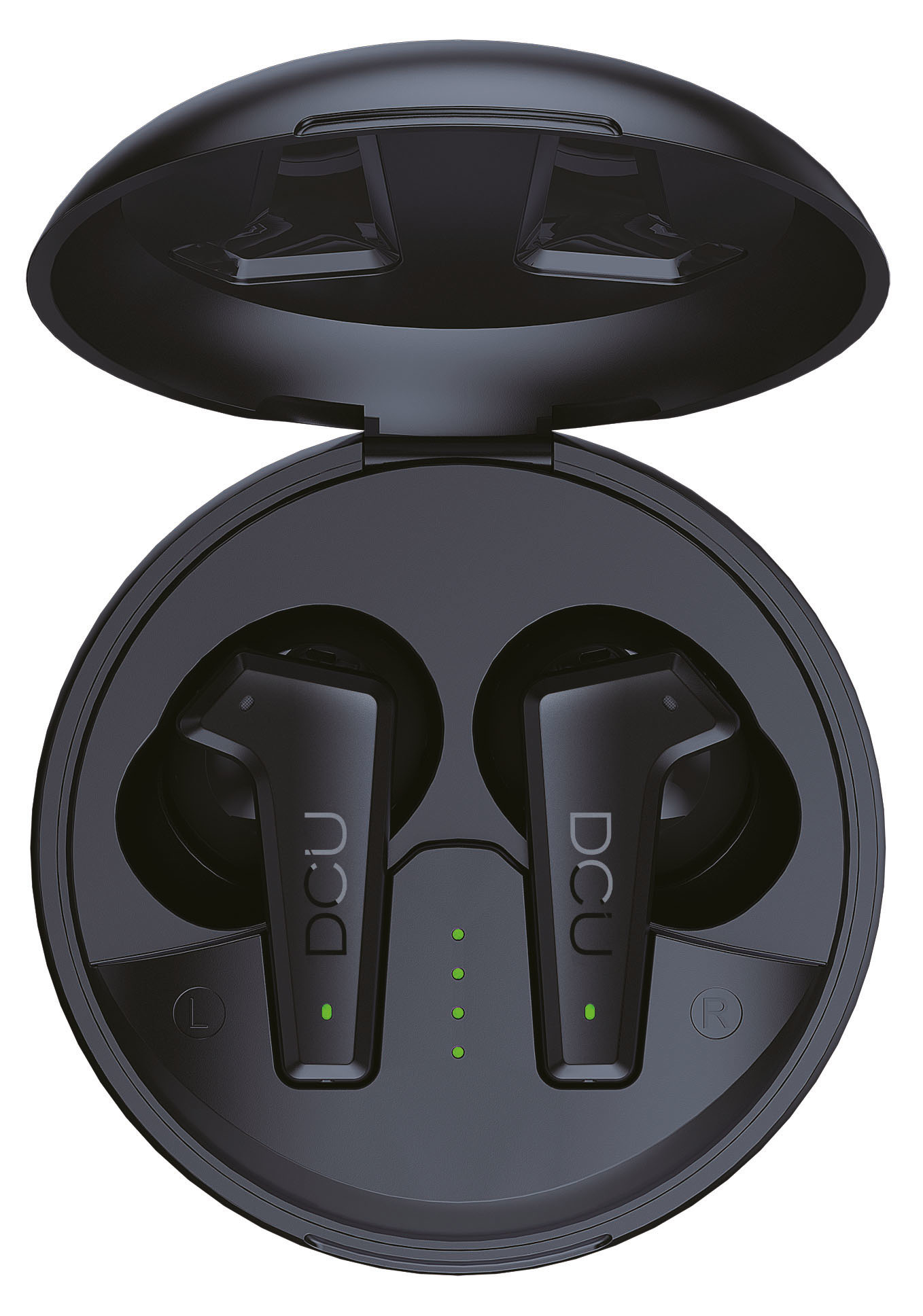 Auricolari wireless neri in una custodia di ricarica aperta con spie verdi.