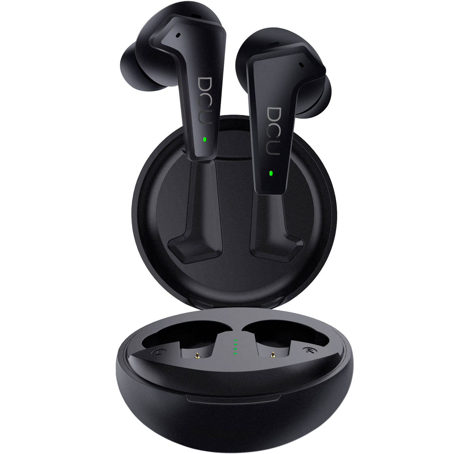 Auricolari wireless neri con custodia di ricarica. Logo DCU su entrambi.
