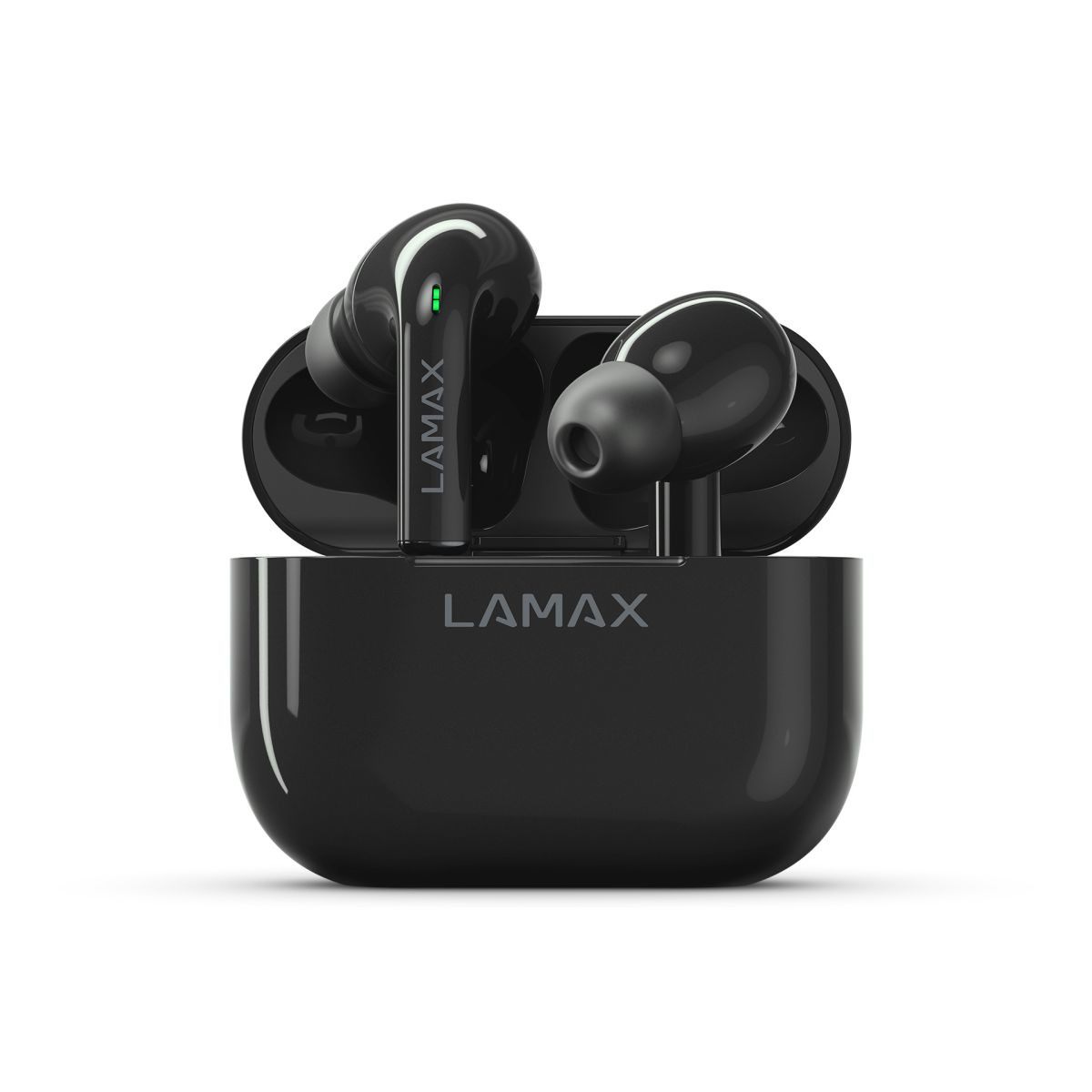 Schwarze kabellose Ohrhörer mit Ladecase von LAMAX.