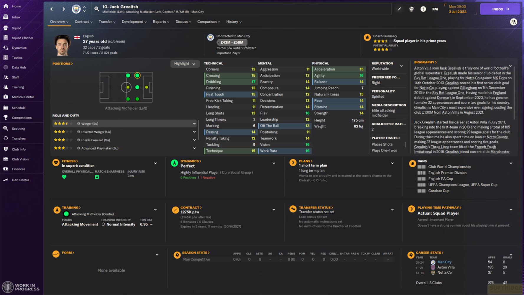 Profil gracza Jacka Grealisha ze statystykami, rolami i kondycją.