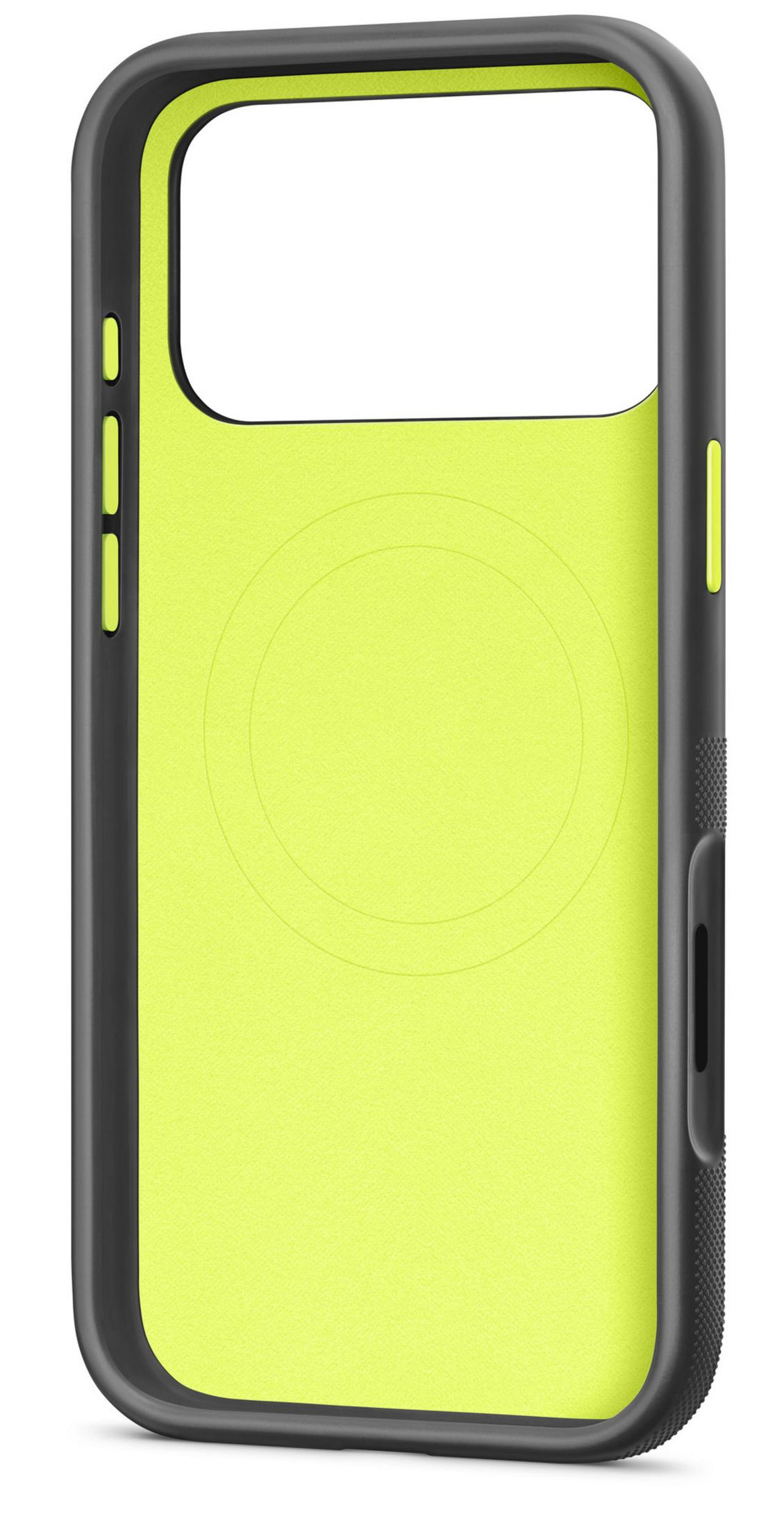 Funda negra para iPhone con interior verde brillante y costuras circulares.