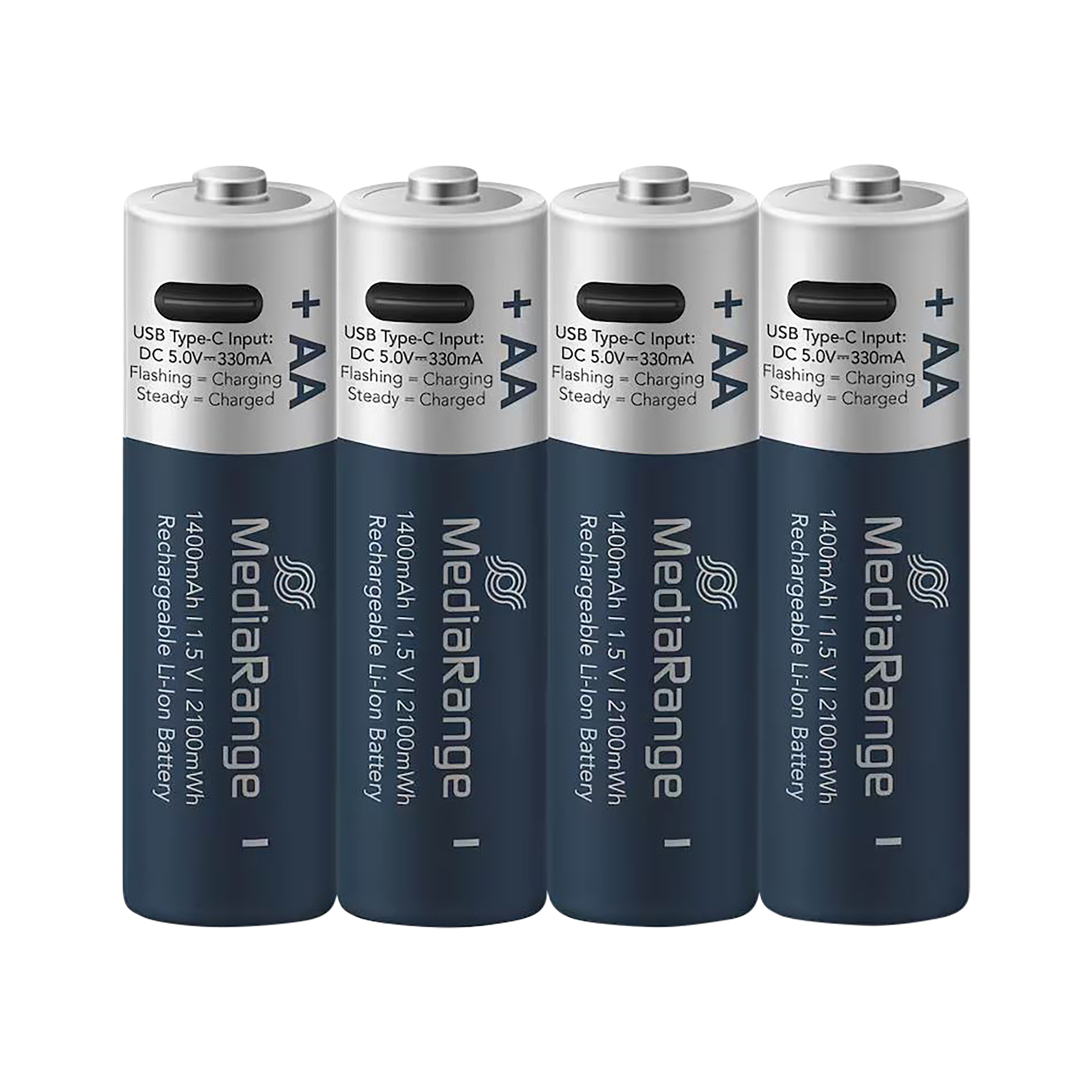 Cztery srebrne akumulatory AA z niebieskimi akcentami i tekstem.