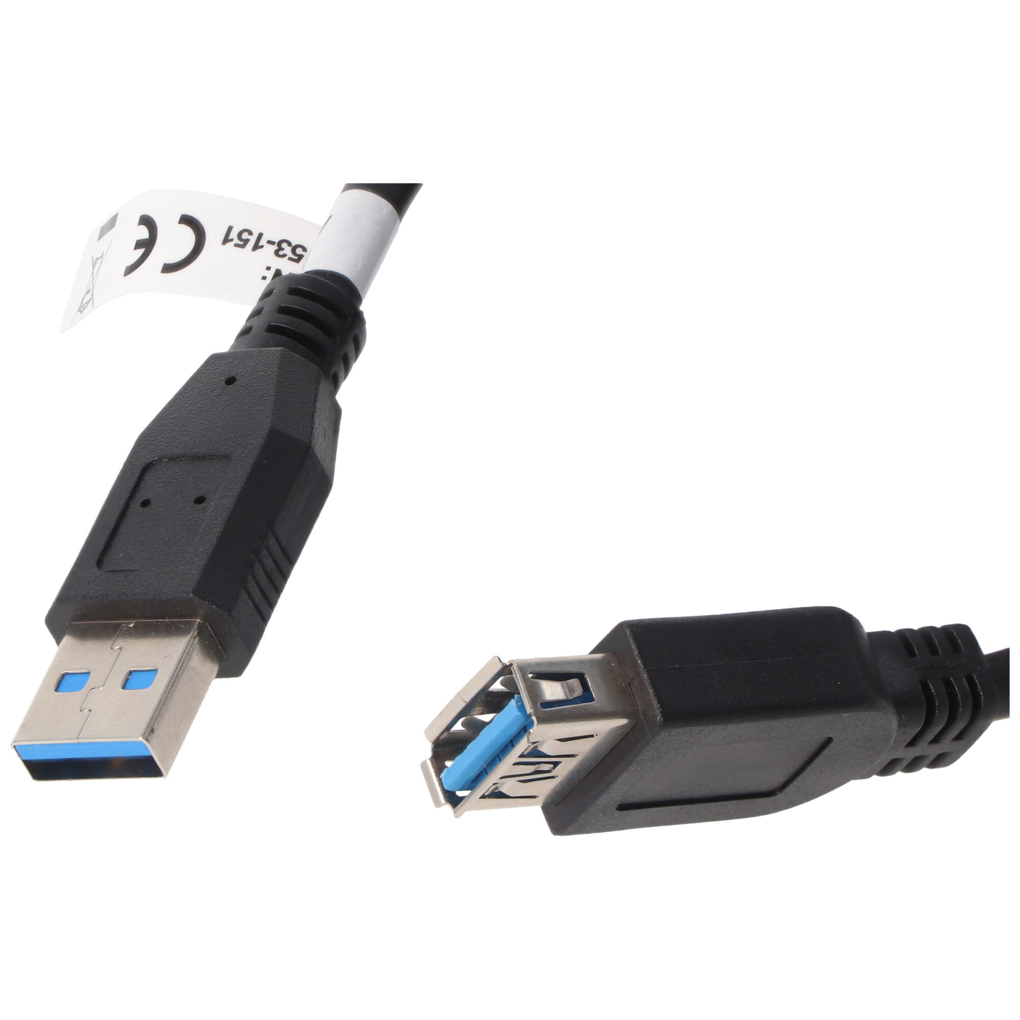 Siyah USB 3.0 A tipi erkek konnektör ve dişi konnektör, her ikisi de mavi uçlu, beyaz bir arka plan üzerinde gösterilmiştir.
