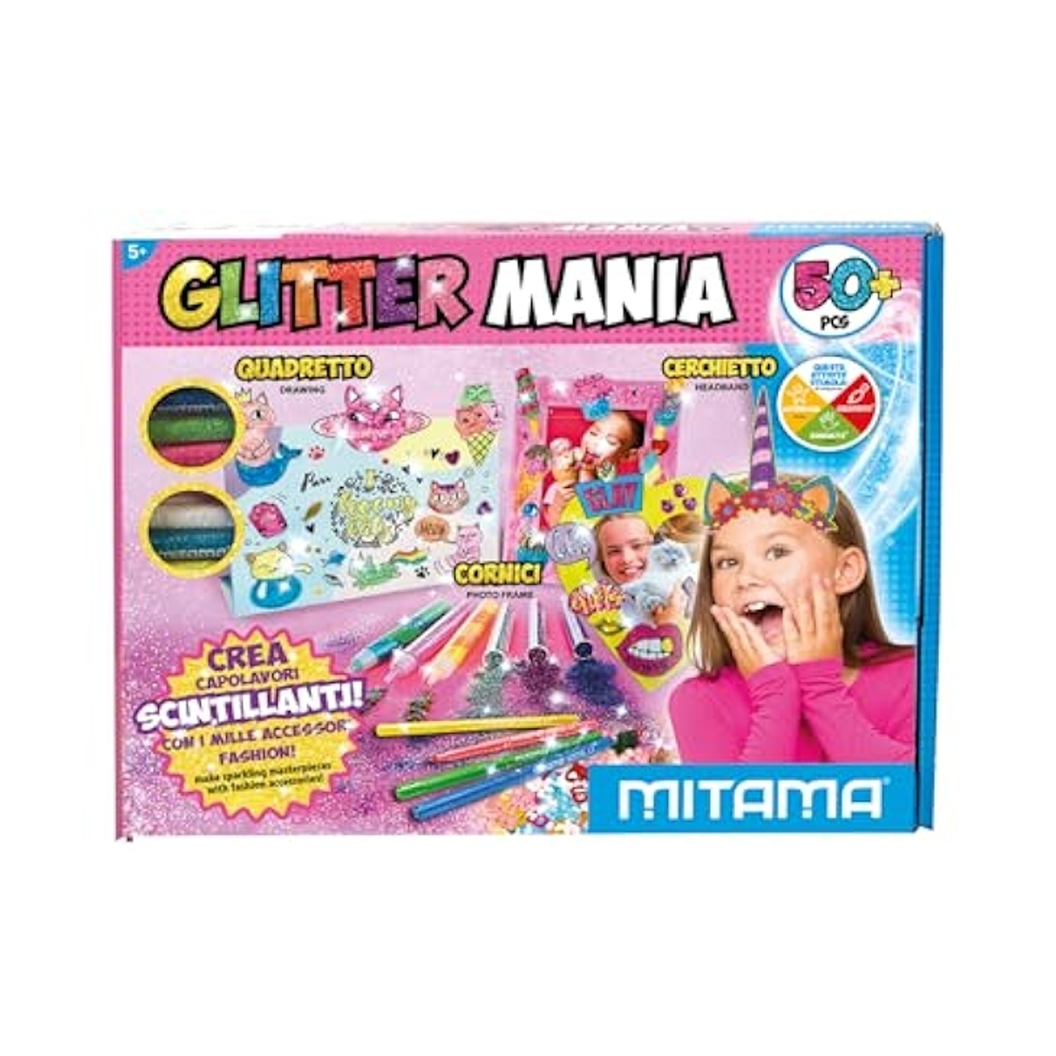 Scatola kit creativo Glitter Mania con glitter, penne e una bambina con cerchietto unicorno.