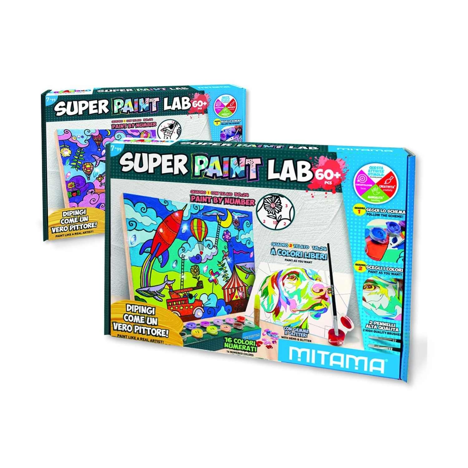 Due scatole Super Paint Lab, una davanti all'altra, mostrano tele colorate da dipingere con i numeri.