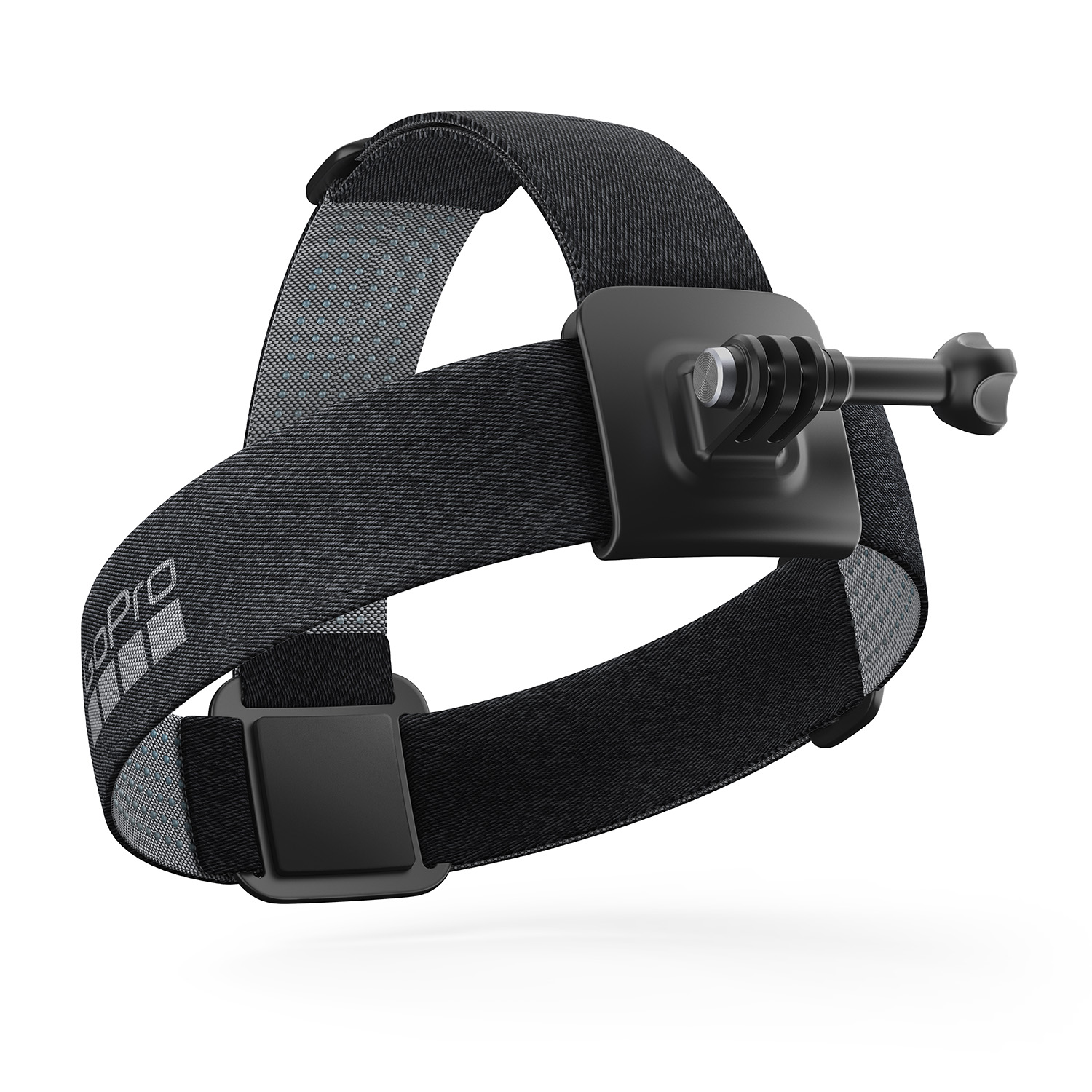 Una correa de cabeza negra ajustable con logo GoPro y soporte para cámara.