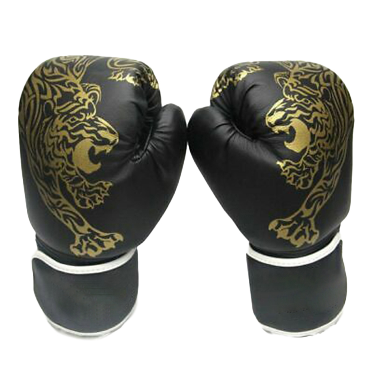 Schwarze Boxhandschuhe mit goldenem Tigerdesign und weißem Rand.