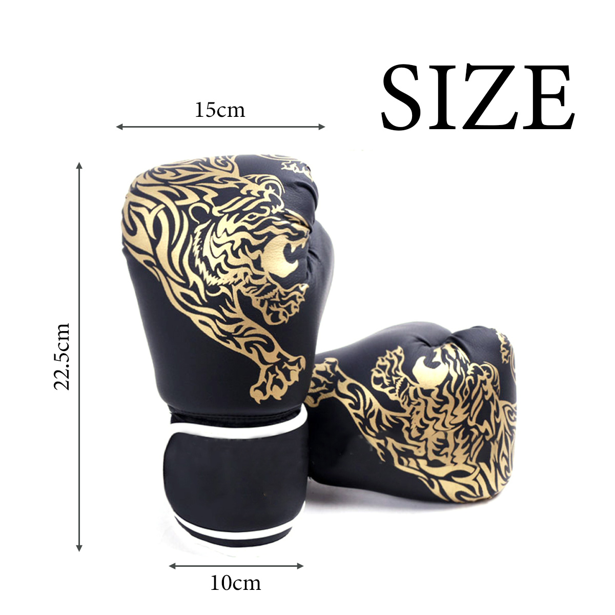 Schwarze Boxhandschuhe mit goldenen Tiger-Motiven und Größenangaben.