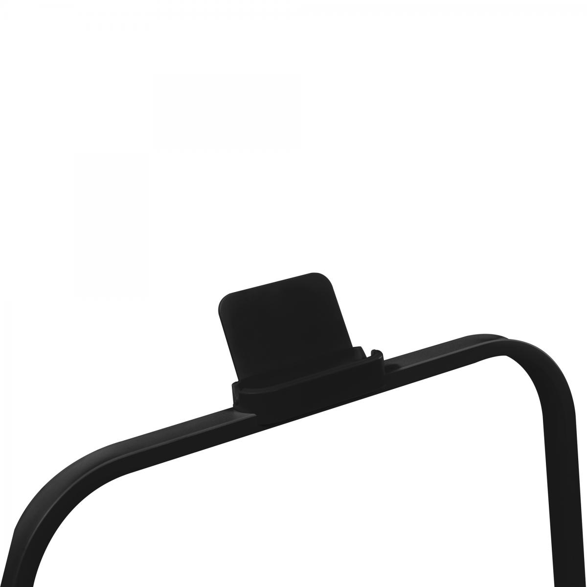 Ein schwarzer Halter mit einer Kerbe, auf einer gebogenen schwarzen Stange montiert.