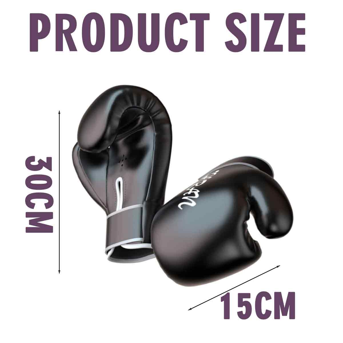 Schwarze Boxhandschuhe, 30cm lang und 15cm breit.