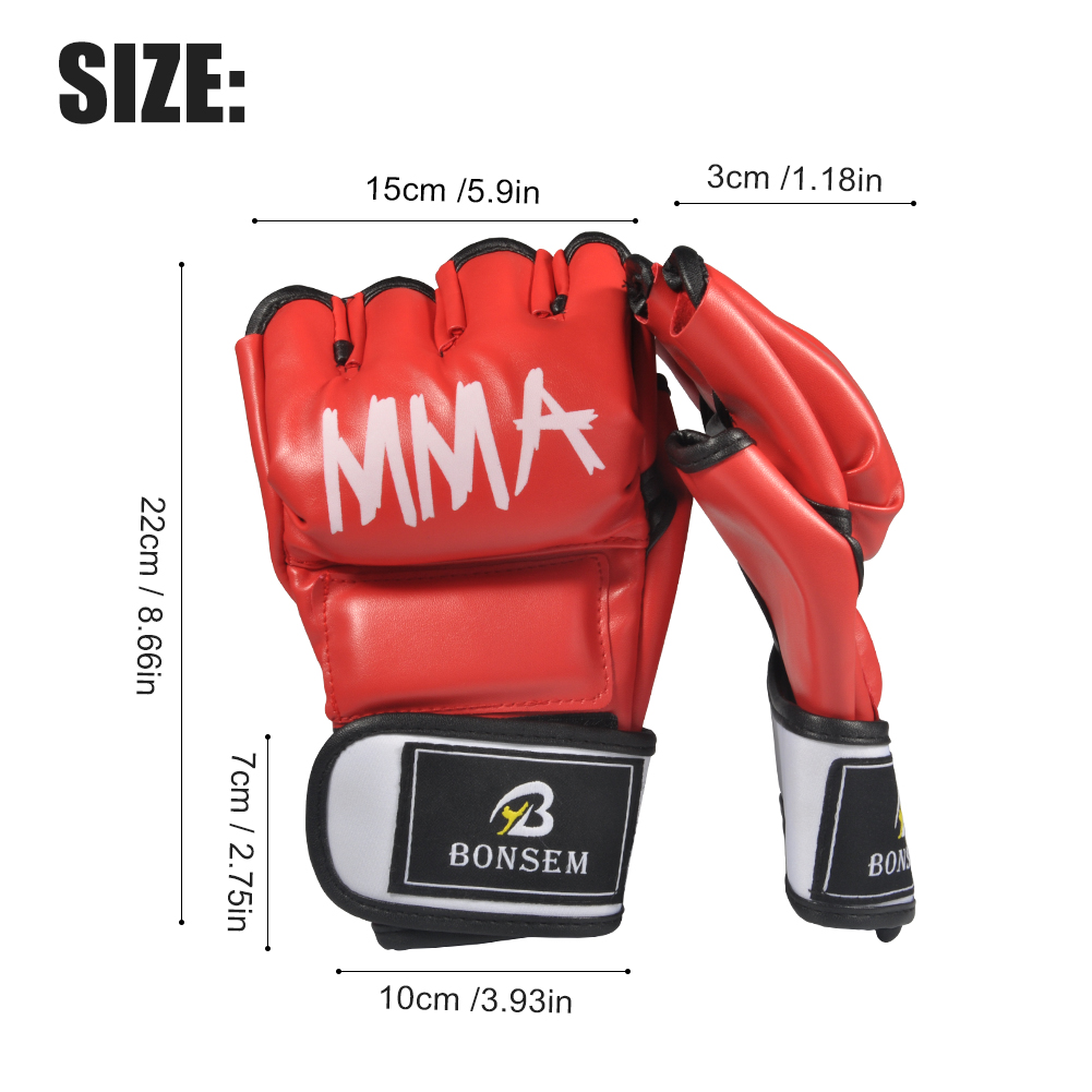 Rote MMA-Handschuhe mit weißem "MMA"-Schriftzug und Größenangaben.