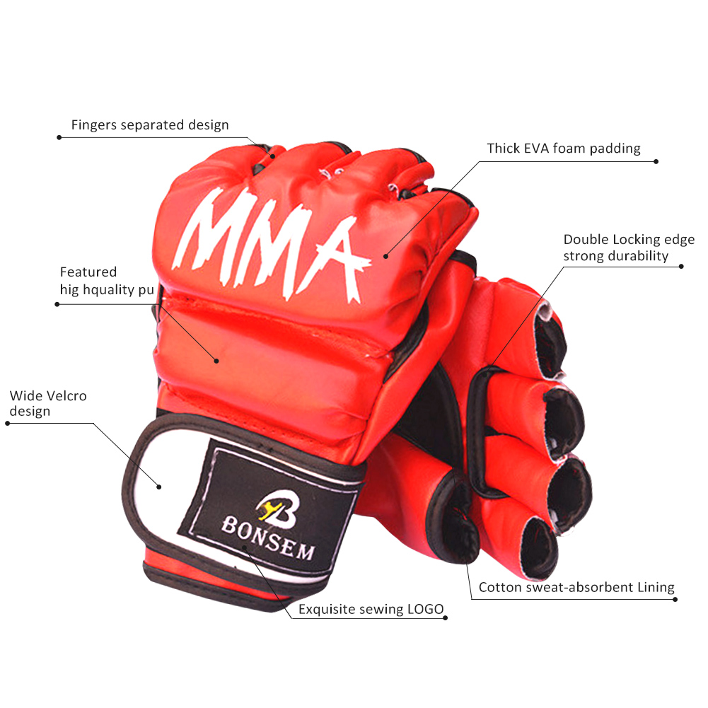 Rote MMA-Handschuhe mit weißem Schriftzug, breitem Klettverschluss und detaillierten Nähten.