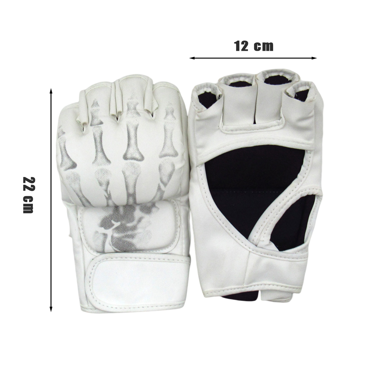 Weiße Handschuhe mit Knochenmuster, 22 cm lang, 12 cm breit.