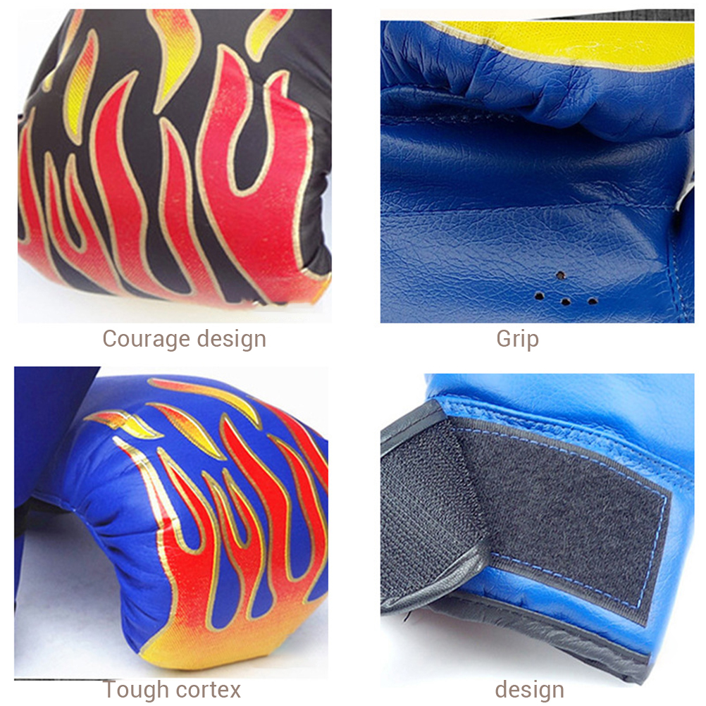 Blauer Boxhandschuh mit Flammen-Design und Klettverschluss.