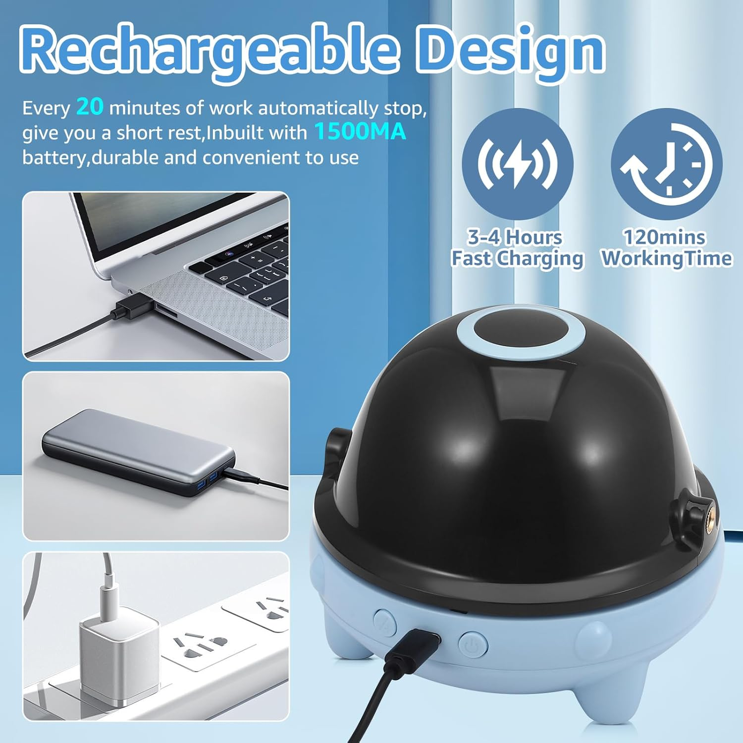 Wiederaufladbares Design: Zeigt ein Gerät mit Ladeoptionen wie Laptop, Powerbank und Netzteil.