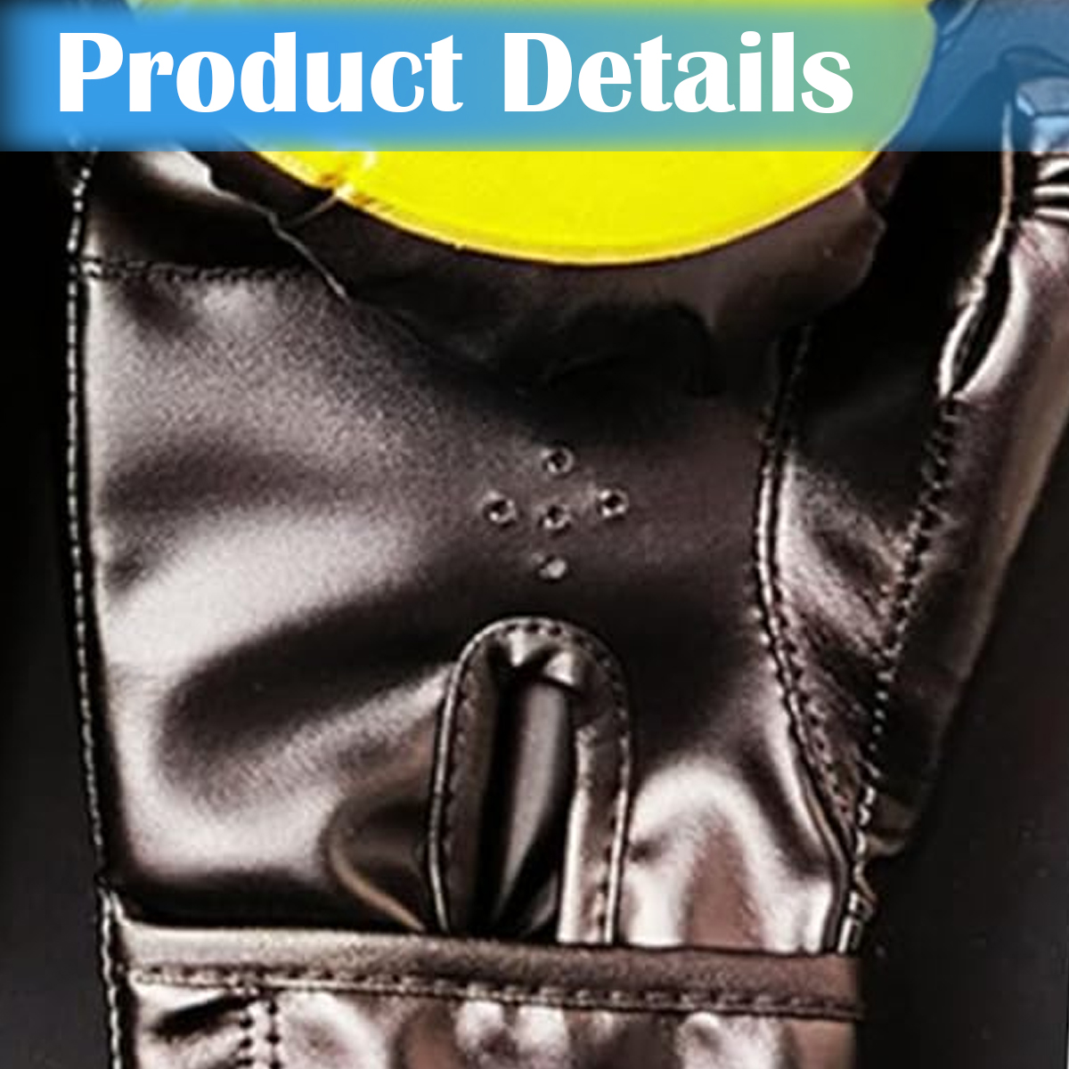 Ein schwarzer Lederboxhandschuh mit gelbem Akzent oben und dem Text „Produktdetails“ auf einem blauen Banner.