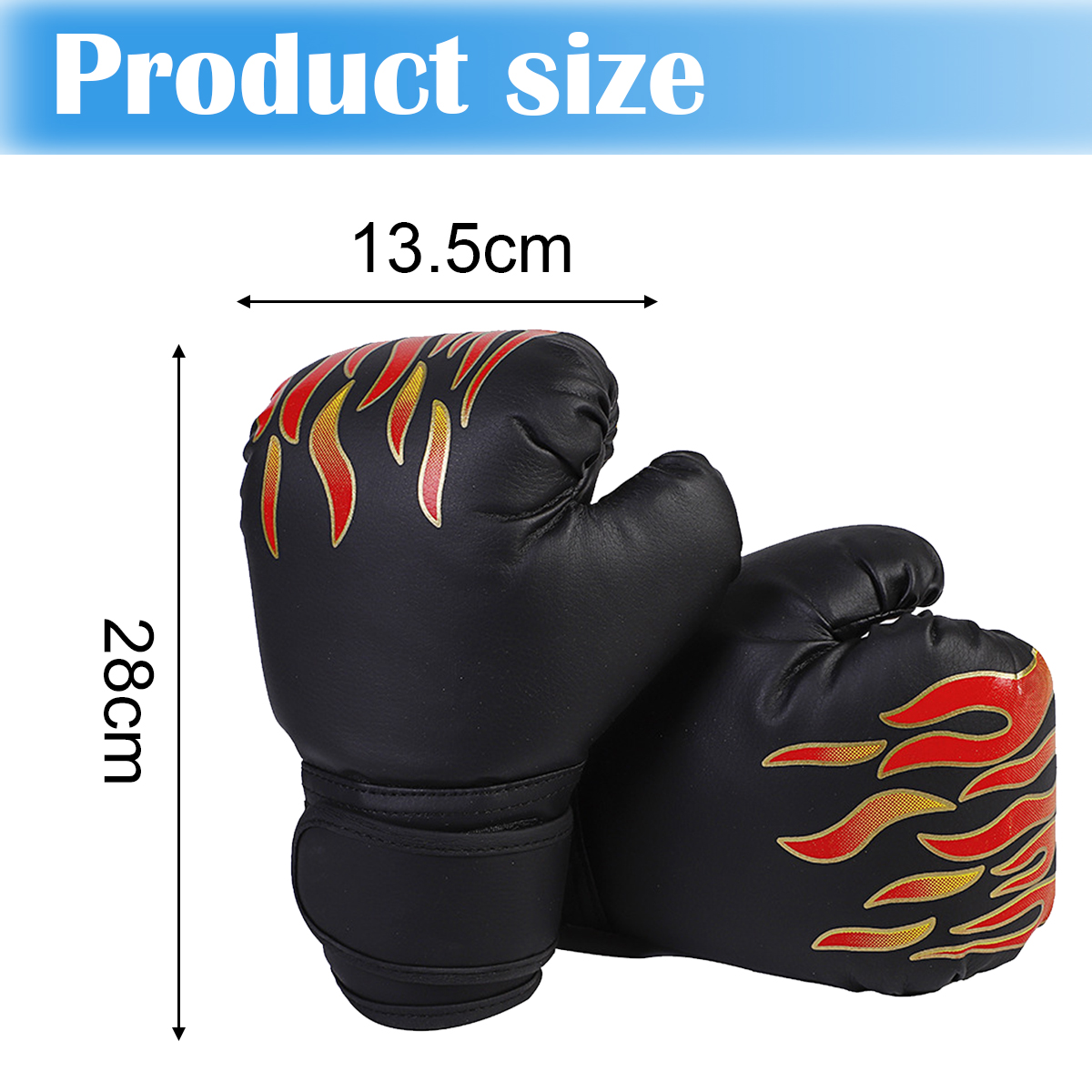 Schwarze Boxhandschuhe mit roten Flammen-Design. Maße: 28cm hoch, 13,5cm breit.