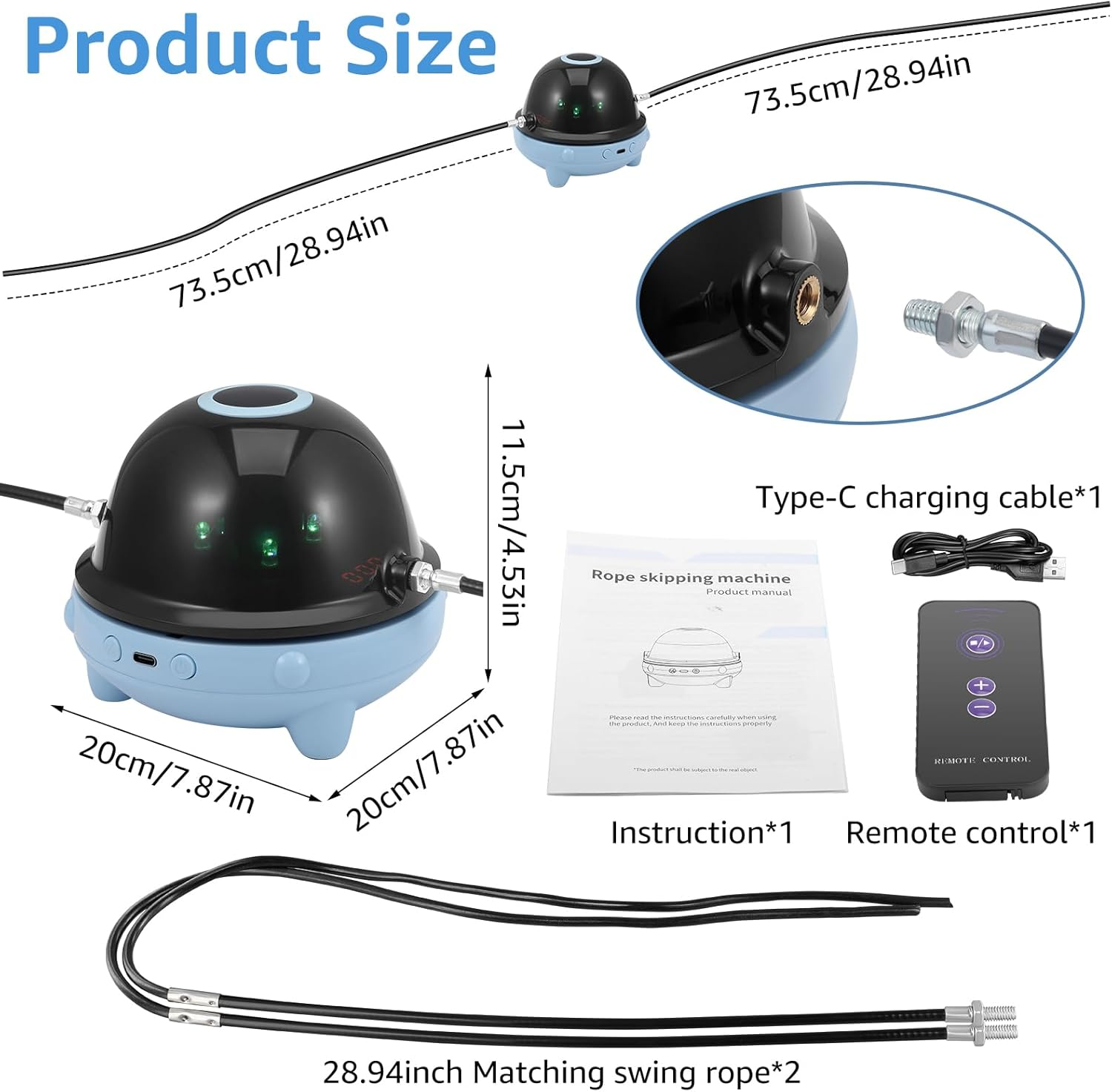 Elektrisches Springseil-Set mit Fernbedienung, Kabel, Anleitung und Seilen.