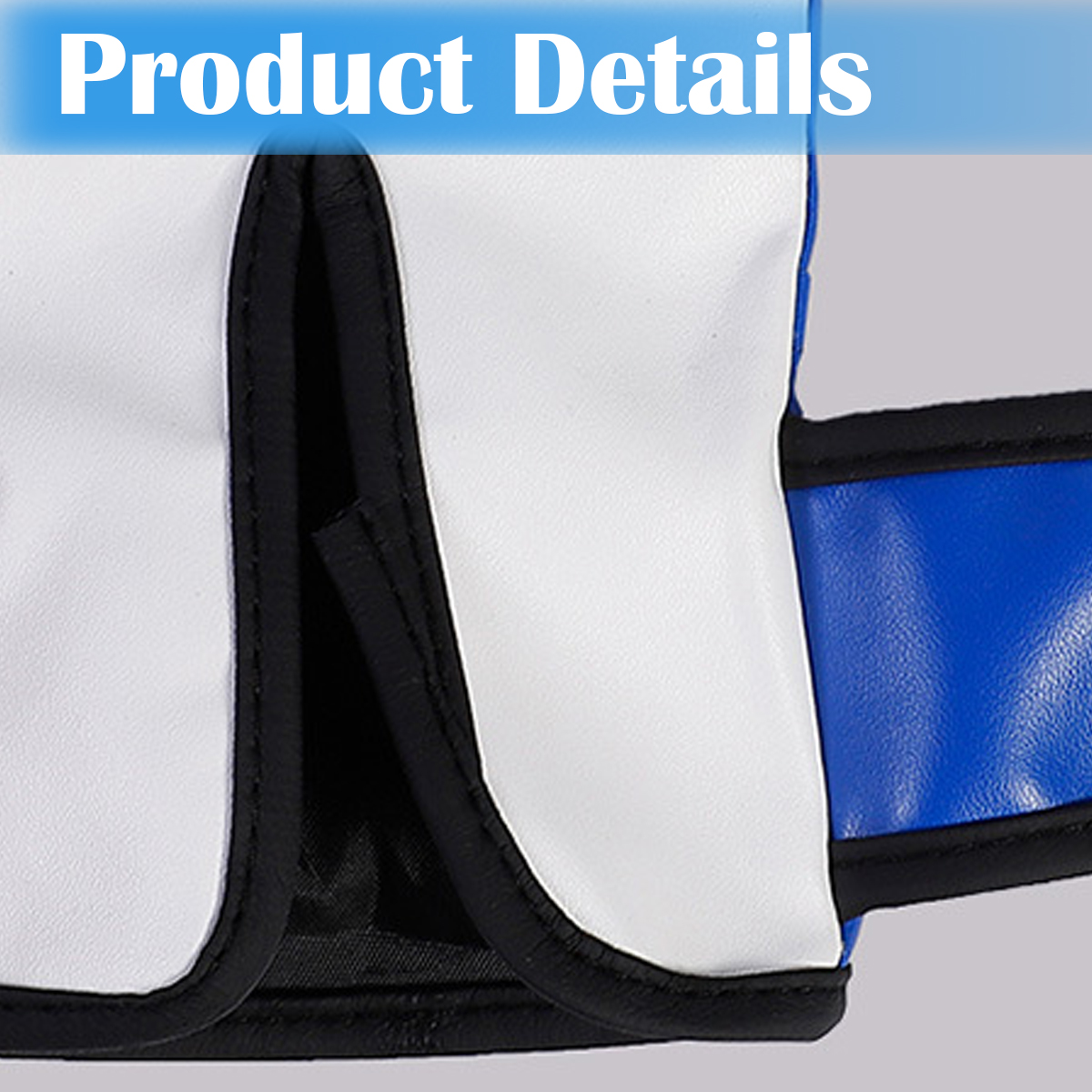 Nahaufnahme eines Produktdetails, das weißes und blaues Material mit schwarzem Besatz und den Text „Product Details“ oben zeigt.