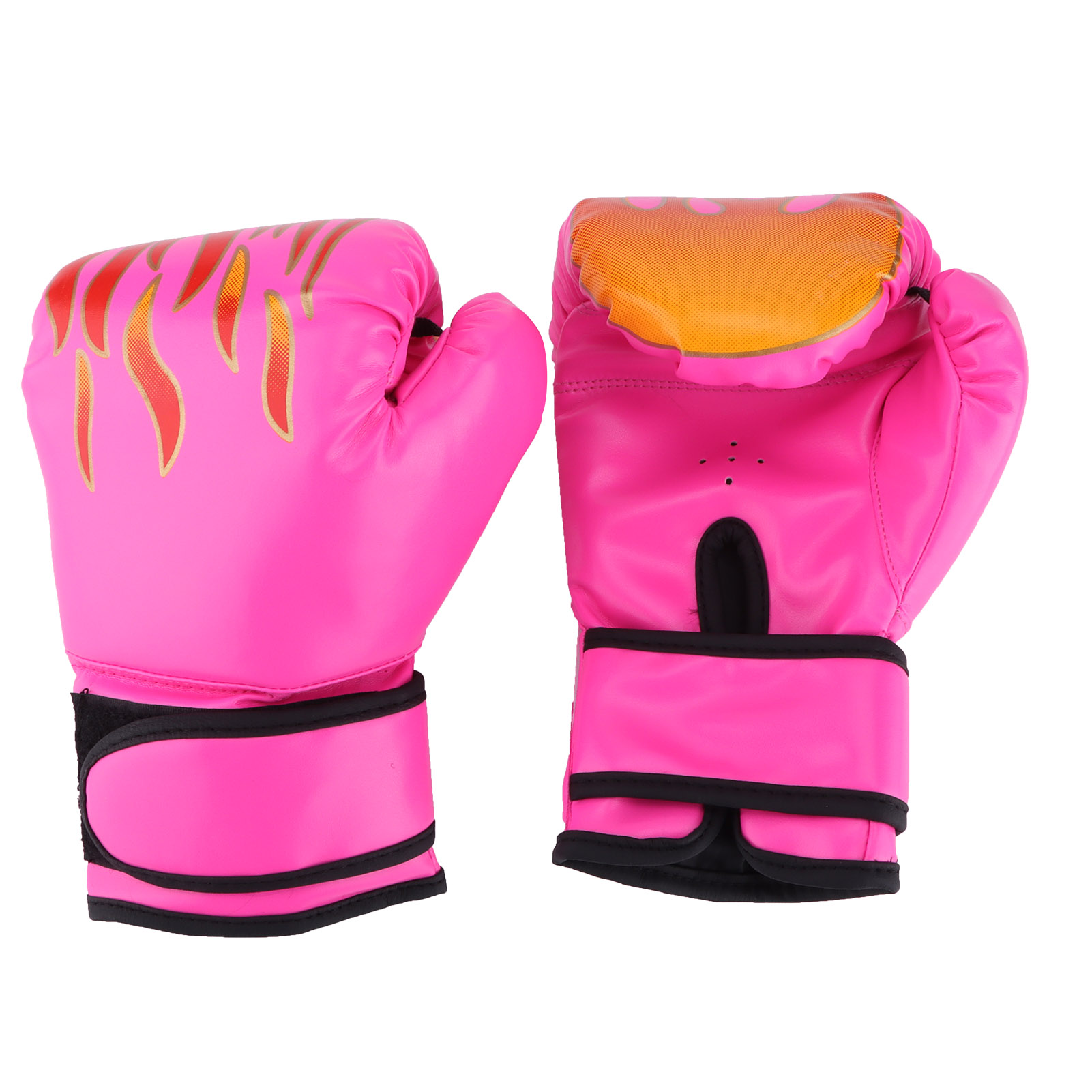 Zwei pinke Boxhandschuhe mit Flammen-Design und schwarzen Akzenten.