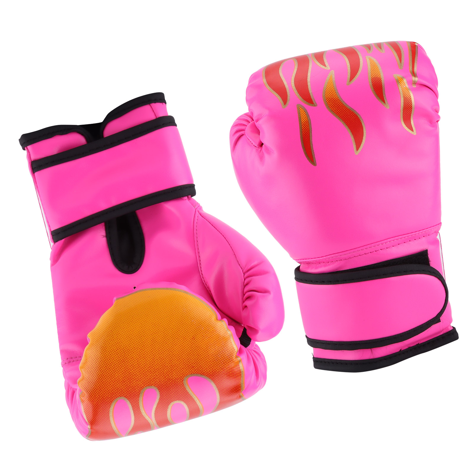 Zwei leuchtend pinke Boxhandschuhe mit Flammenmuster, weißer Hintergrund.