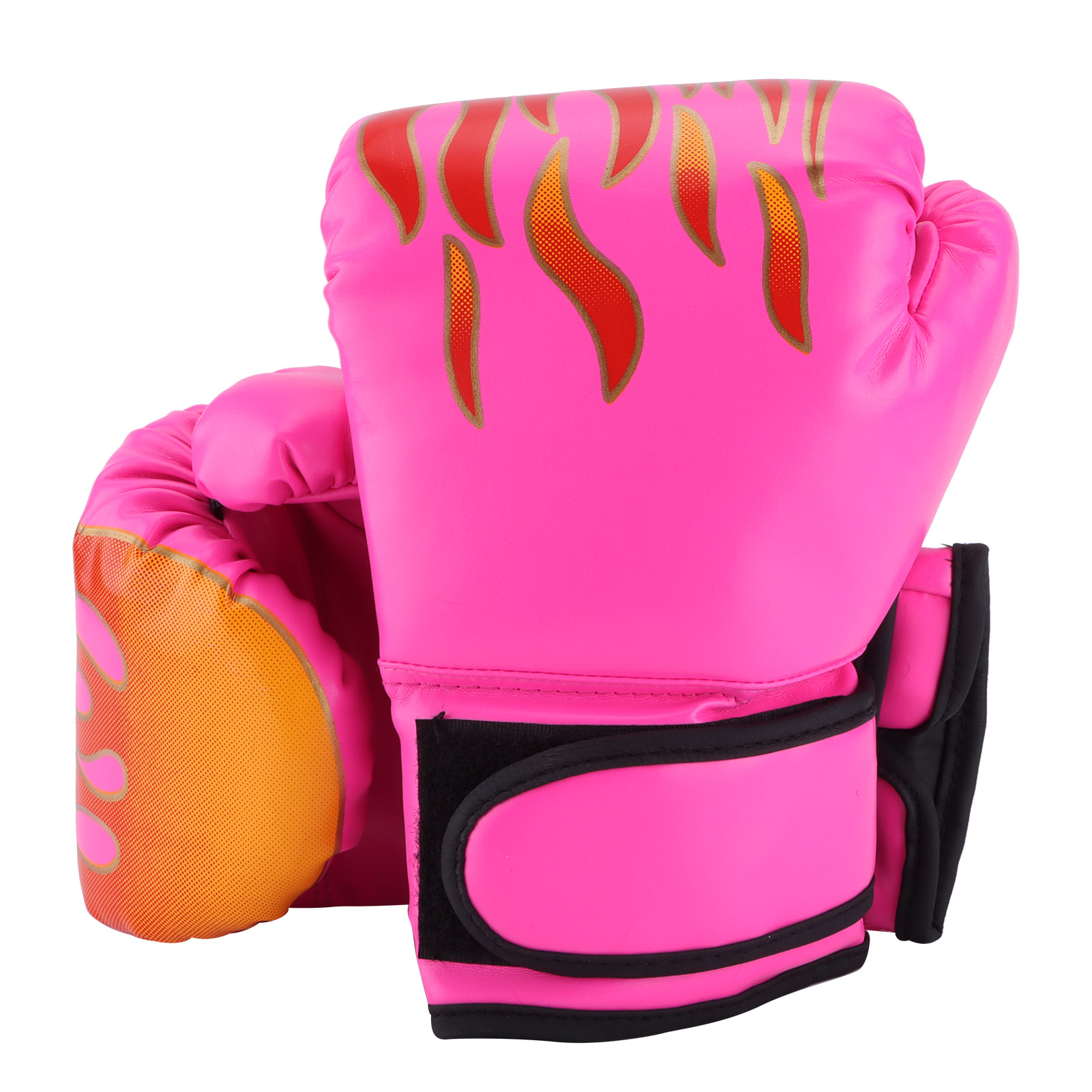 Zwei pinke Boxhandschuhe mit roten und orangefarbenen Flammenmustern sind auf weißem Hintergrund abgebildet.