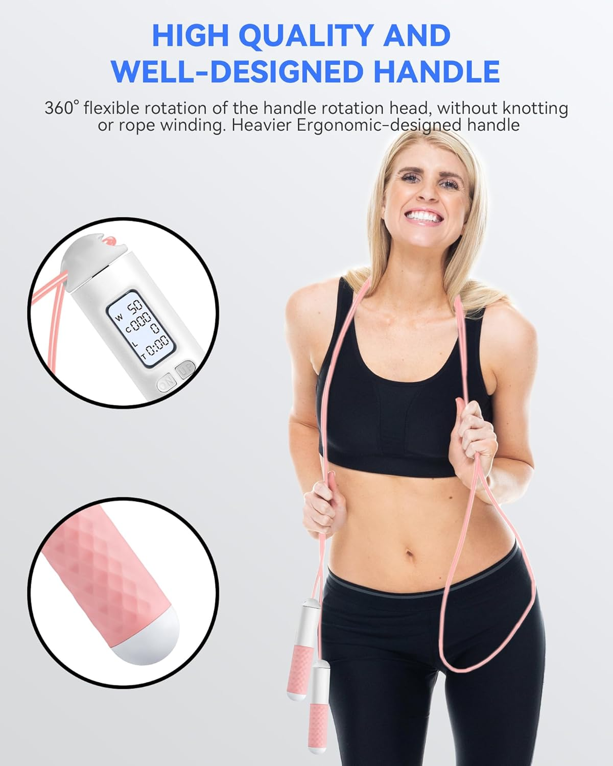 Eine lächelnde Frau in schwarzer Sportkleidung hält ein pinkfarbenes Springseil, mit Nahaufnahmen des Griffs und der Digitalanzeige.