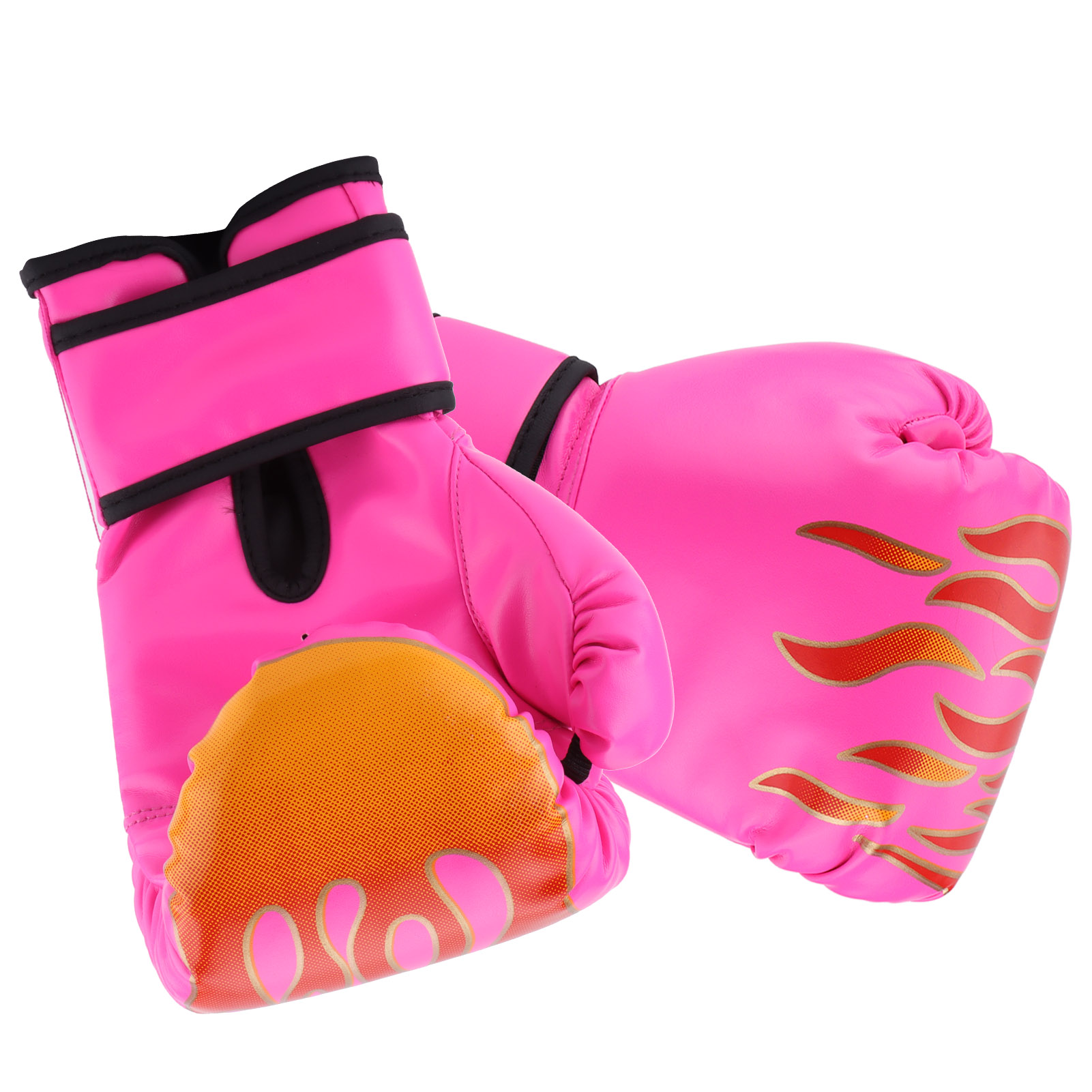 Zwei pinke Boxhandschuhe mit Flammenmuster und orangefarbenem Netzdetail.