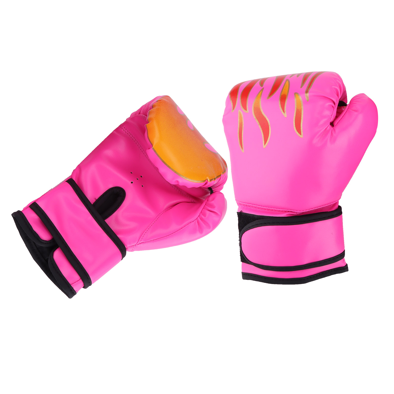 Zwei pinke Boxhandschuhe mit Flammenmuster, auf weißem Hintergrund.