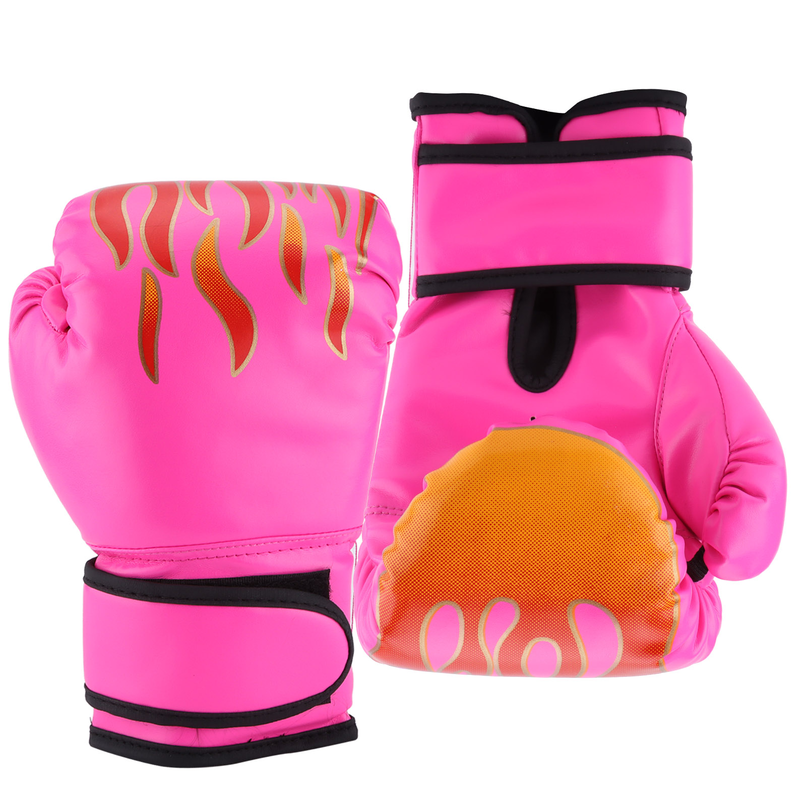Zwei pinke Boxhandschuhe mit Flammen-Design auf weißem Hintergrund.