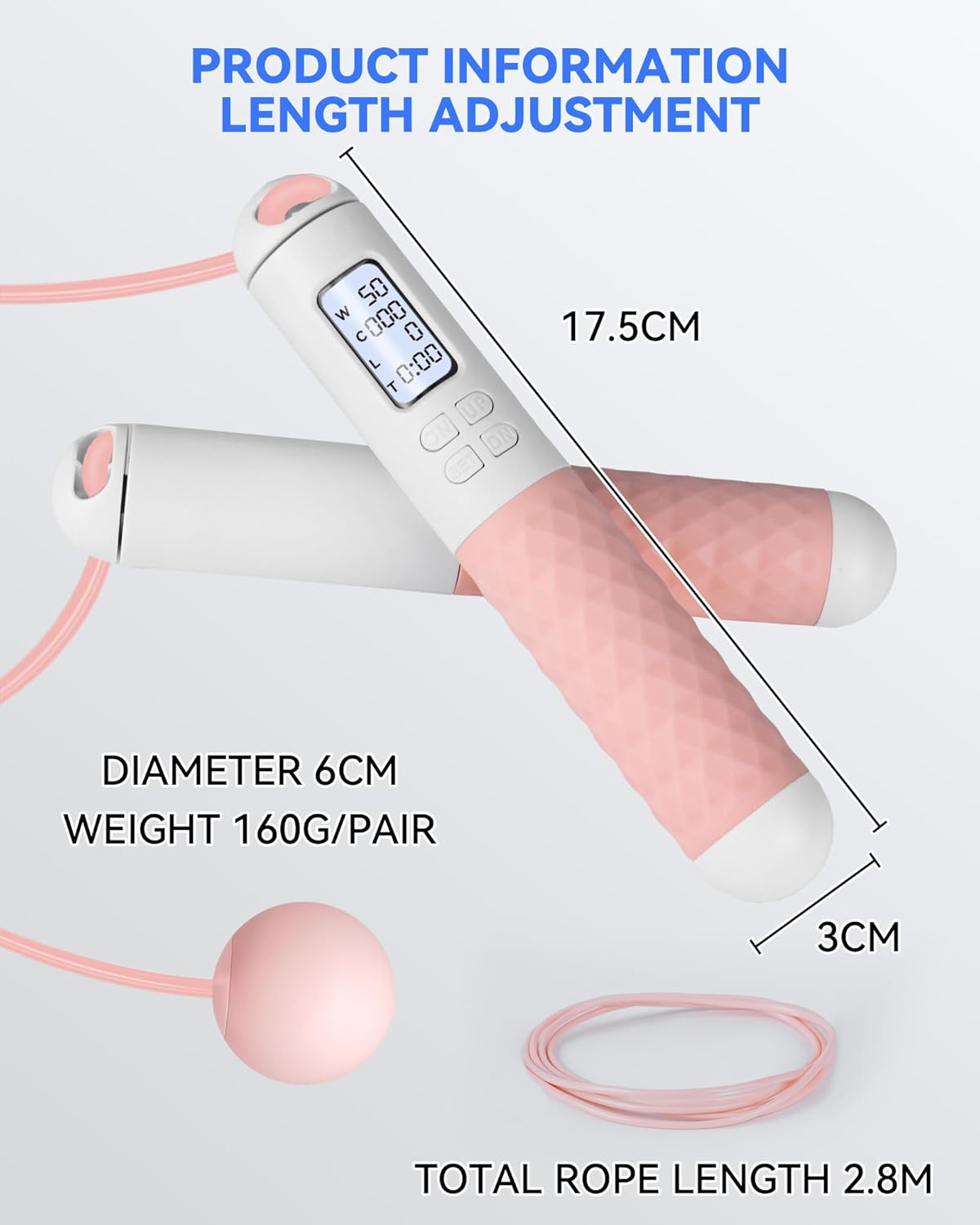 Ein pinkfarbenes, digitales Springseil mit LCD-Anzeige und Maßangaben.