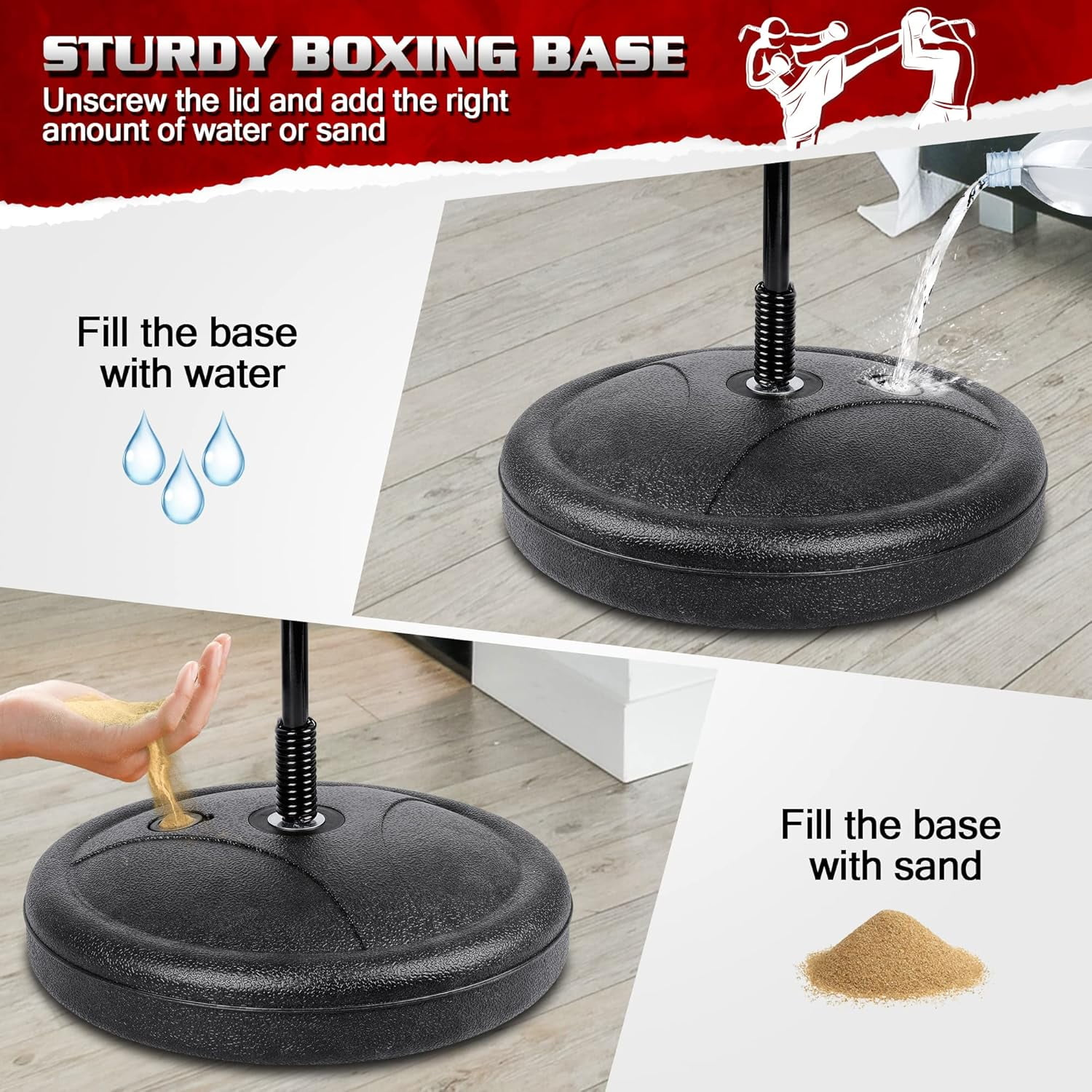 Eine schwarze Boxbasis wird mit Wasser aus einer Flasche und Sand aus einer Hand gefüllt, was zwei Fülloptionen zeigt.