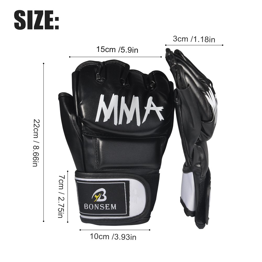 Schwarze MMA-Handschuhe mit weißen Maßen und dem BONSEM-Logo.
