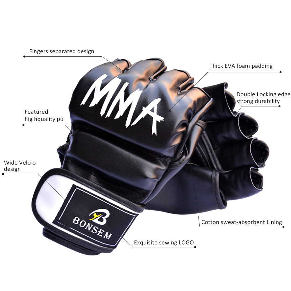 Schwarze MMA-Handschuhe mit weißem 'MMA'-Logo, EVA-Polsterung und Klettverschluss.