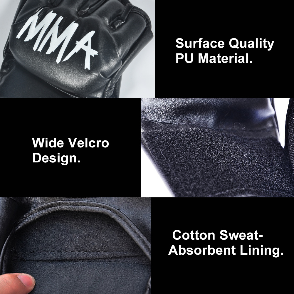 MMA-Handschuh aus PU-Material mit breitem Klettverschluss und saugfähigem Baumwollfutter.