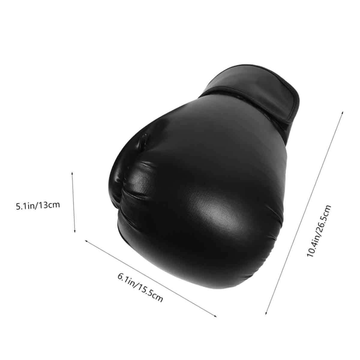 Schwarzer Boxhandschuh mit Maßangaben auf weißem Hintergrund.