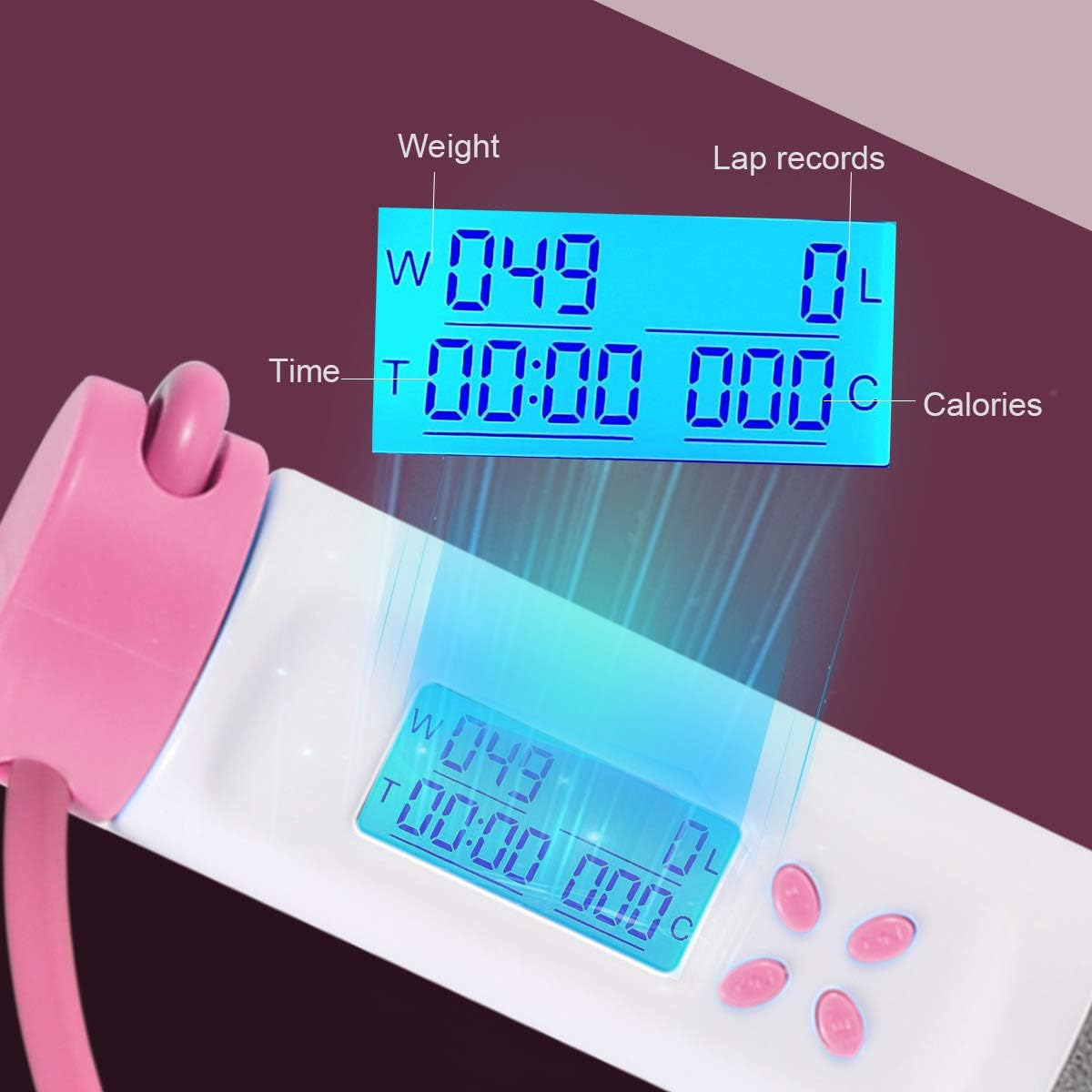 Ein pinkfarbener Griff und ein digitales Display, das Gewicht, Zeit, Runden und Kalorien anzeigt.